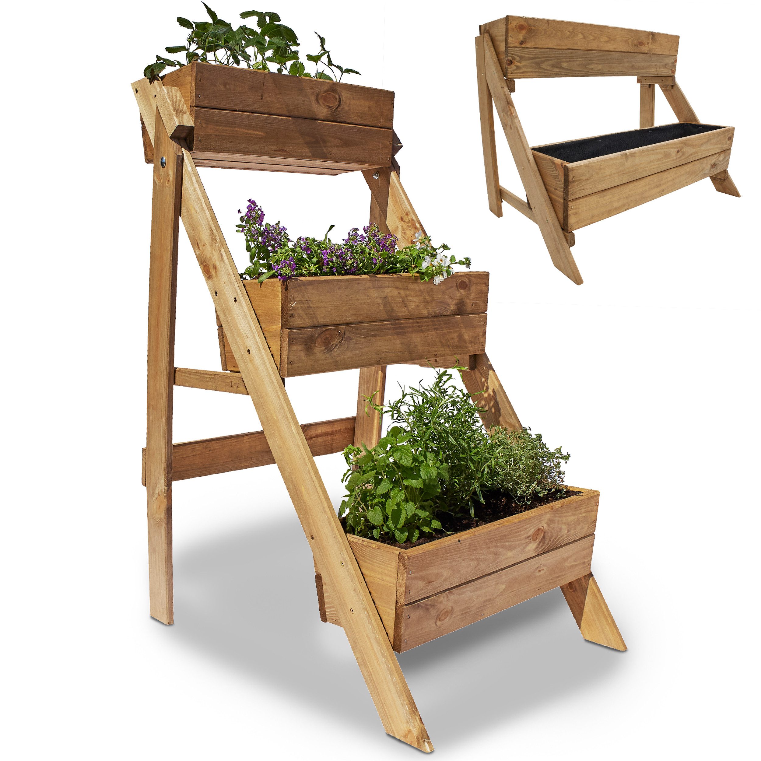 Onbest Pflanzentreppe Holz 2-stöckig 3-stöckig mit Innenvlies, 44x14x19,5cm Pflanzkasten