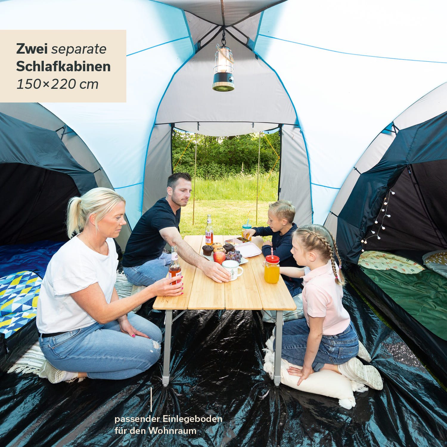 Skandika Kuppelzelt Hammerfest 4, Campingzelt, Familienzelt, 2 m Stehhöhe, Personen: 4 (Schlafkabinen mit Moskitonetz und eingenähtem Zeltboden), Loser Zeltboden, Farbig markierte Stangen, 3000mm Wassersäule