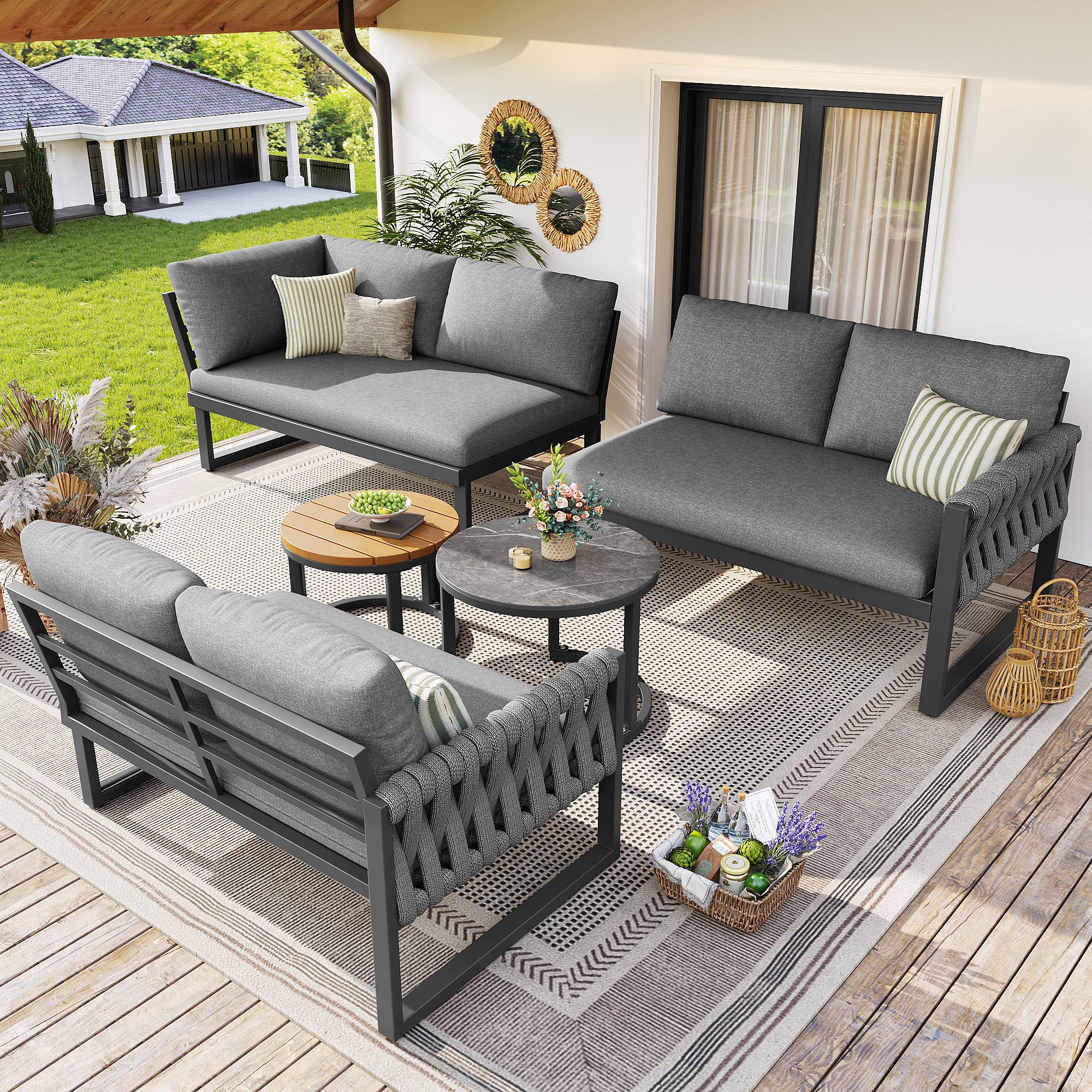 Flieks Gartenlounge-Set, 6-Sitzer Gartenmöbel-Set Sitzgruppe mit 2 stapelbaren Couchtische