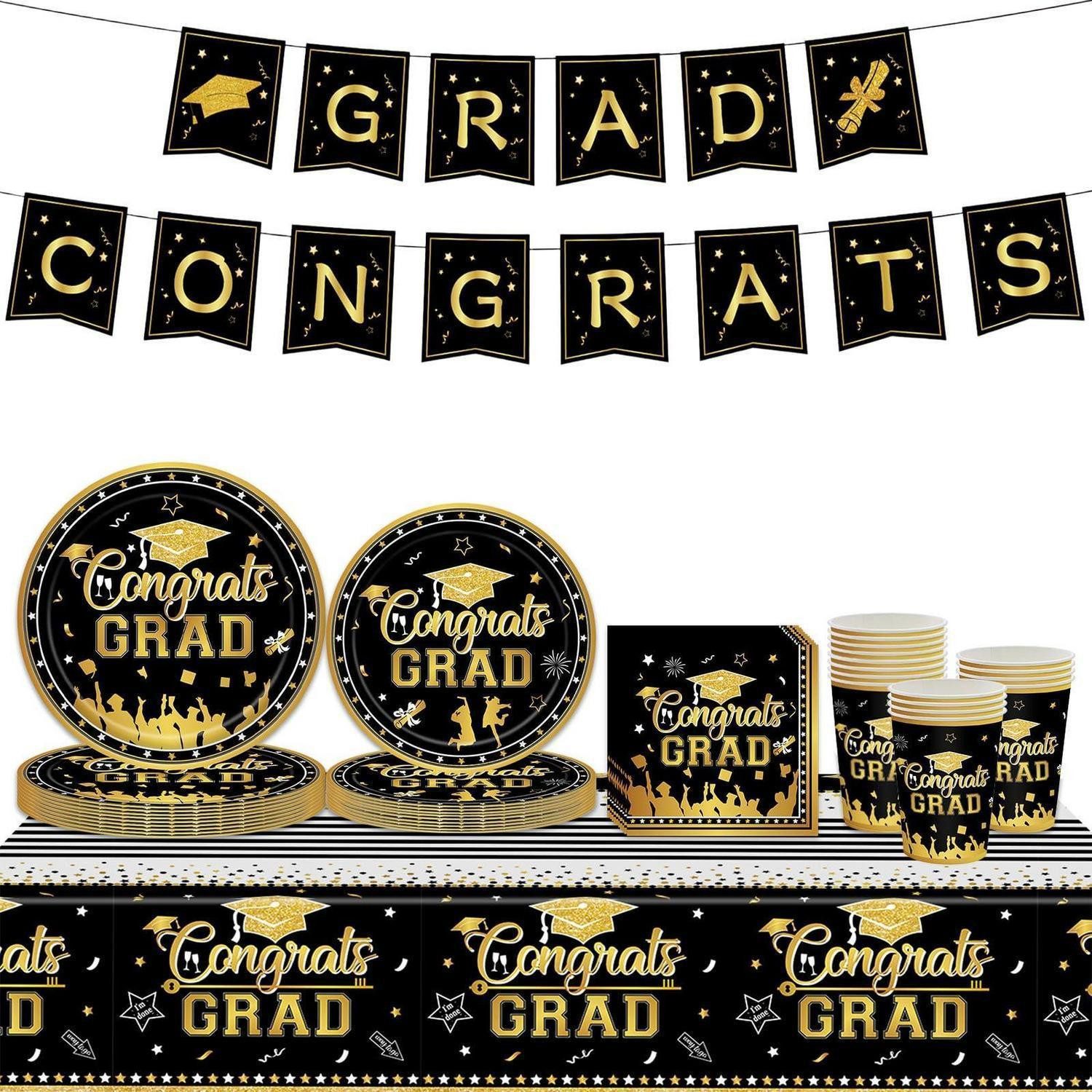 LuxusKollektion Pappteller Abschluss Partygeschirr Set 70-teilig Schwarz Gold, (1 St)