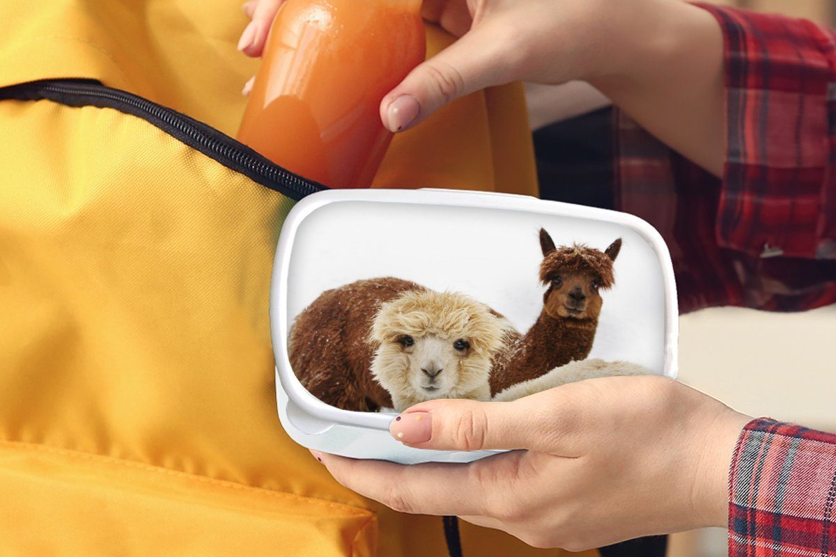 Kinder und Lama weiß für MuchoWow Brotbox Lunchbox - Mantel, und Erwachsene, für Mädchen Brotdose, Tier - (2-tlg), Kunststoff, Jungs