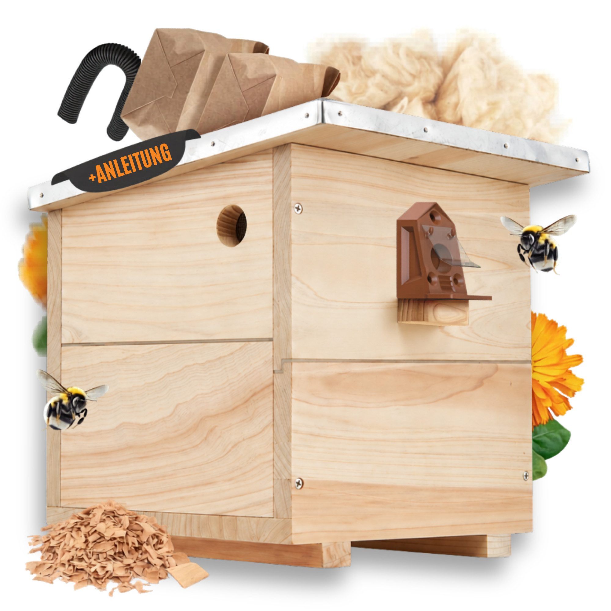 BEESI Insektenhotel Hummelhaus groß inkl. Vorbau und Wachsmottensperre, (Packung, 1-St., Hummelhotel inkl. Kapok, Nistkarton, Holzspäne), 32T x 26,8B x 31,5H cm