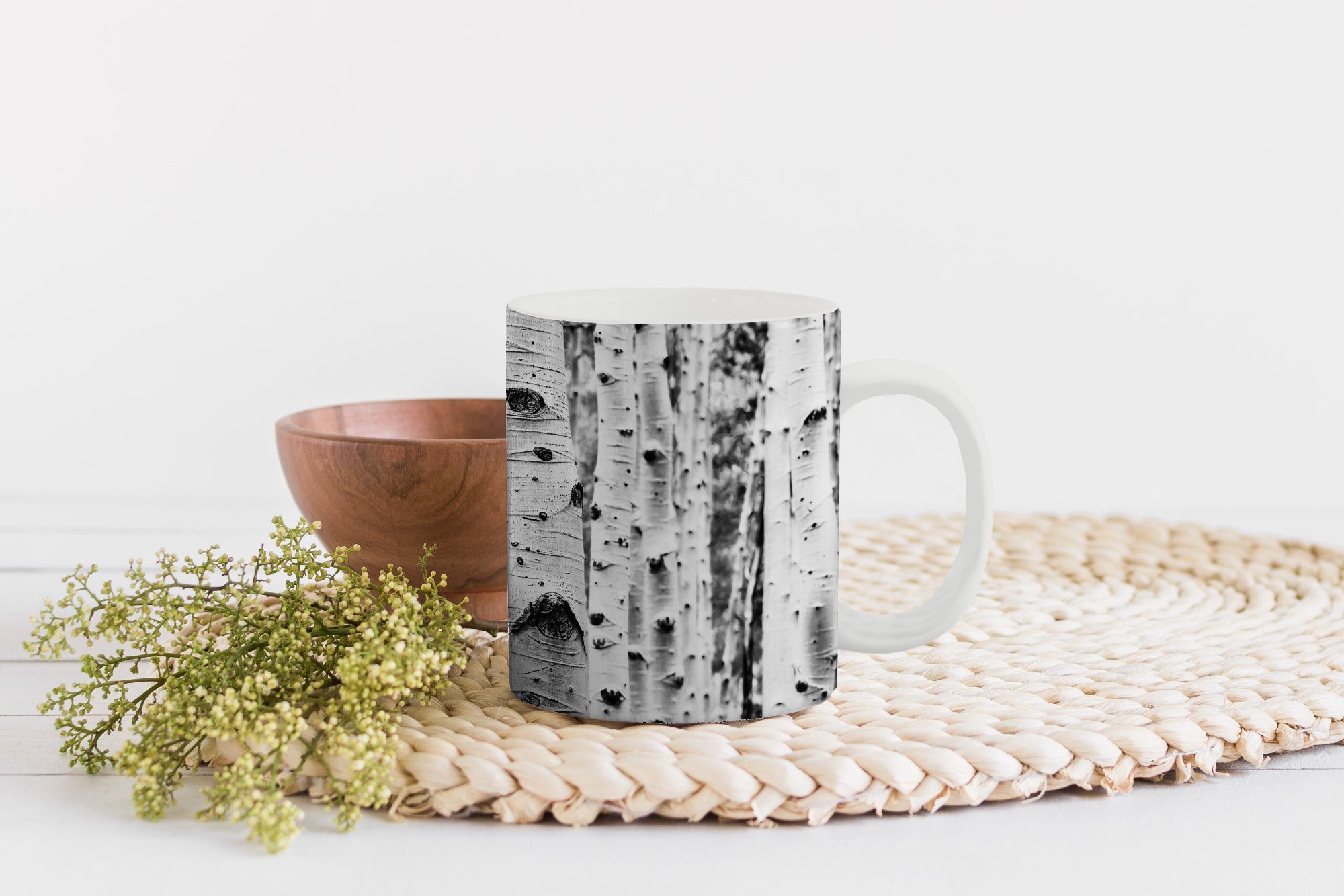 Holz Teetasse, Geschenk Natur, Bäume - und - - Becher, Schwarz Teetasse, weiß MuchoWow Tasse Kaffeetassen, Keramik,