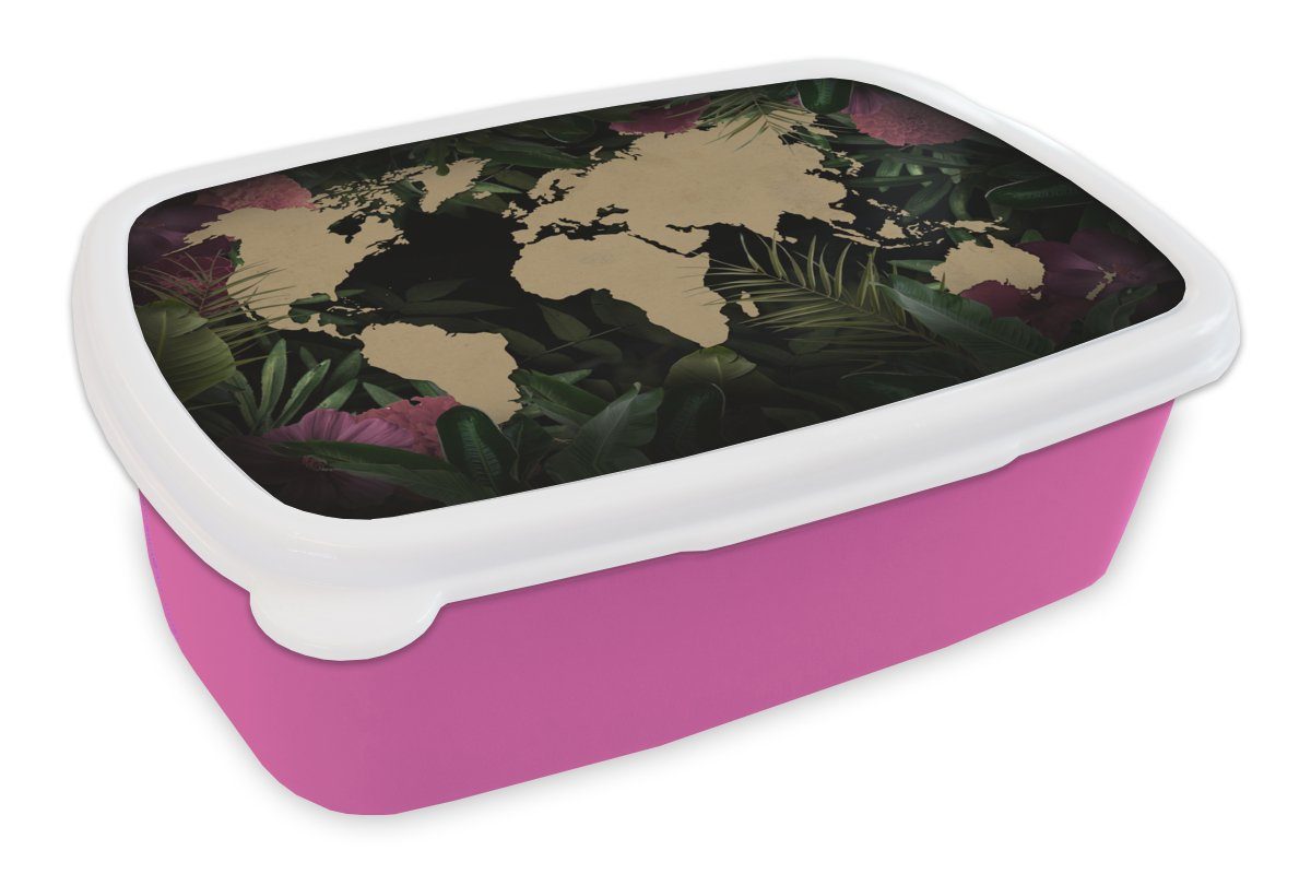 MuchoWow Lunchbox (2-tlg), - Kunststoff, Weltkarte Brotdose Blätter, - rosa Blumen Mädchen, Kunststoff Brotbox Snackbox, Kinder, für Erwachsene