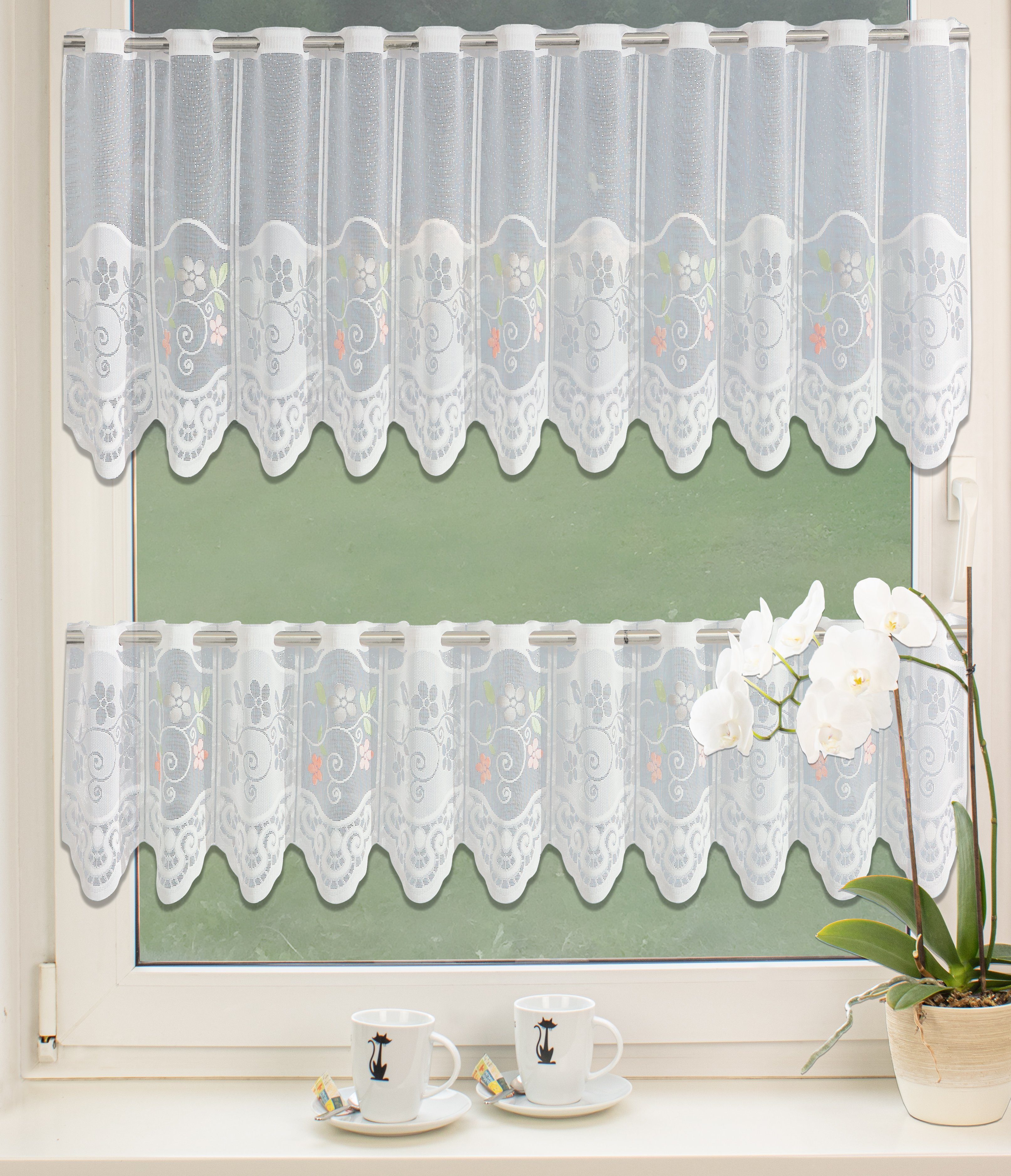 Scheibengardine Bistrogardine Set Scheibengardine Küchengardine 2342 30, 50 x 160 cm Weiß Bunt Blumen