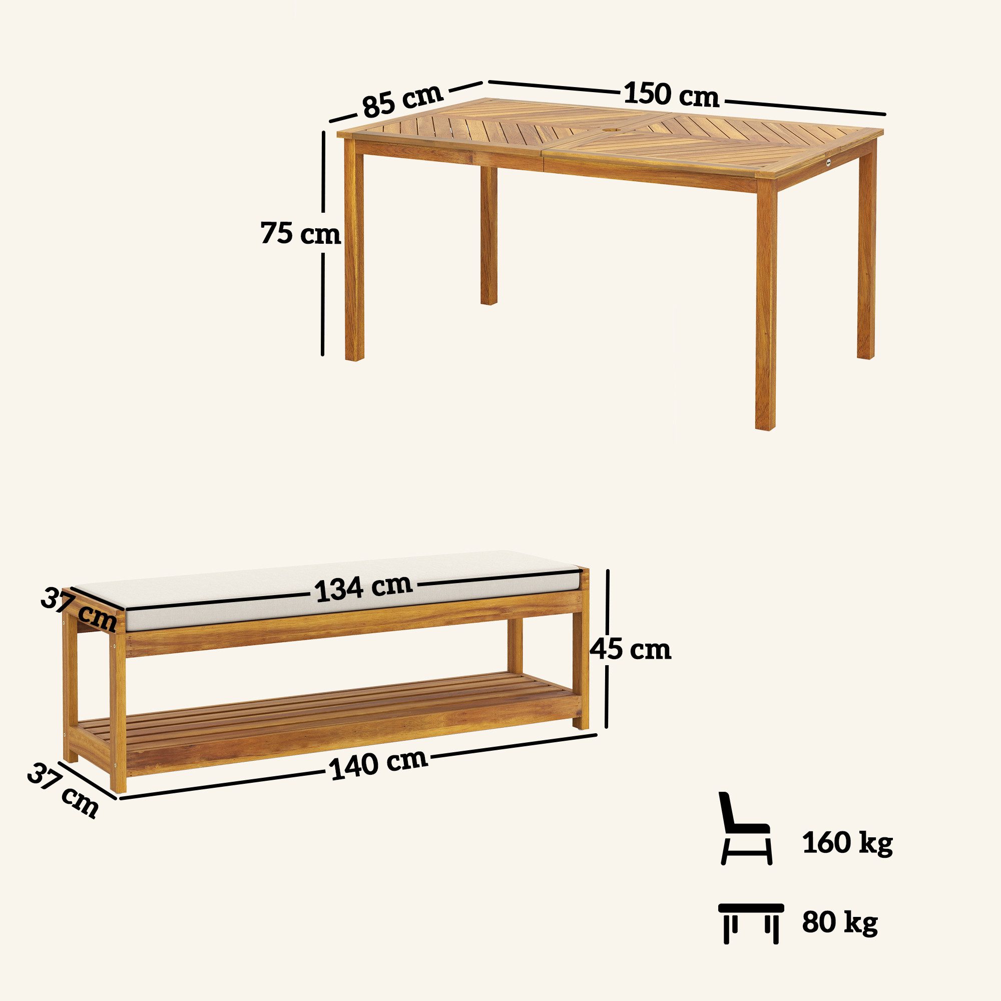 Outsunny Sitzgruppe inkl. 1 Esstisch mit Schirmloch, 2 Bänke, (Sitzgarnitur aus Akazienholz, 3-tlg., 3 tlg. Gartenmöbel-Set), für Balkon, Terrasse, Teak