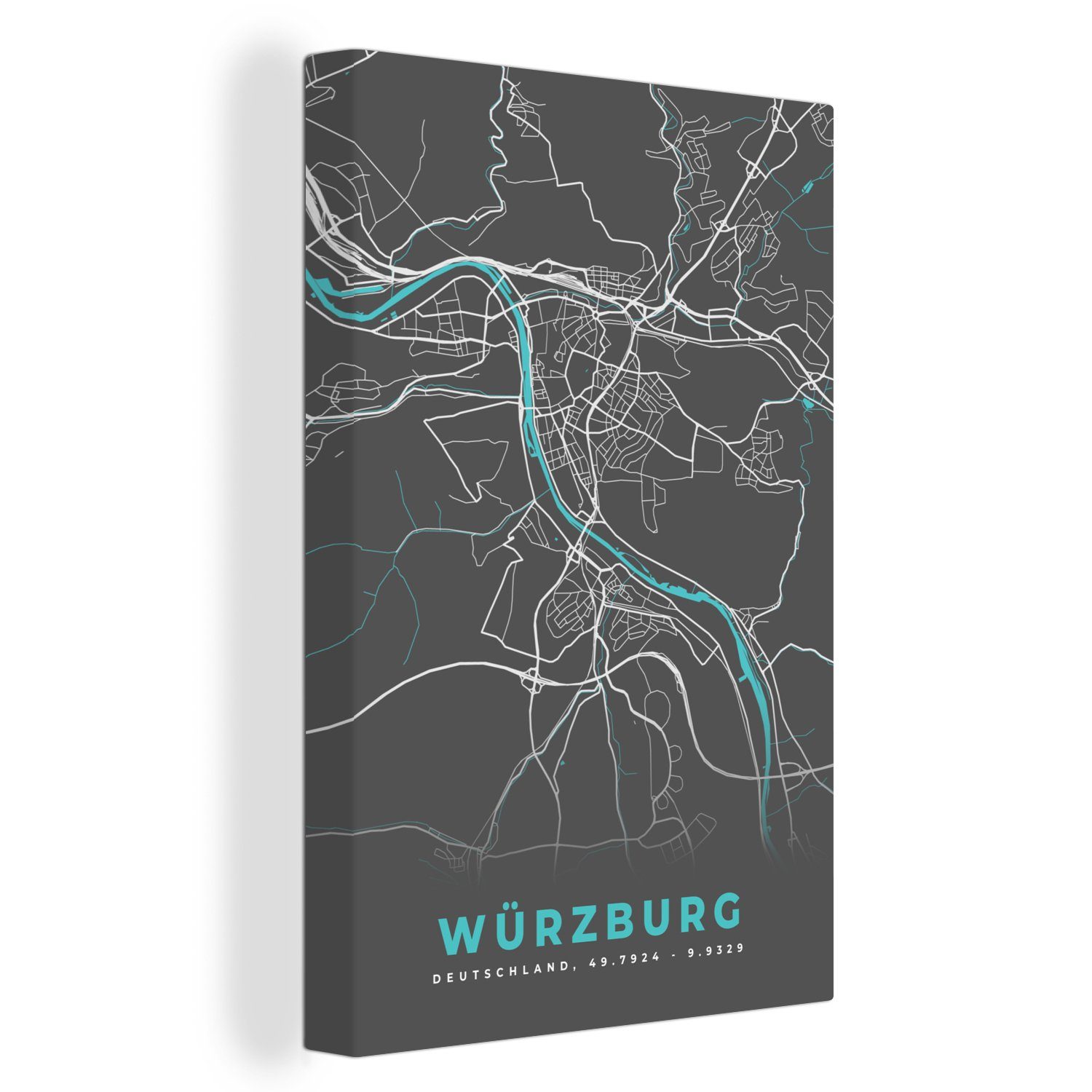 Karte bespannt Gemälde, (1 Blau Leinwandbild Stadtplan Leinwandbild cm inkl. - Deutschland - - Würzburg, - fertig 20x30 St), OneMillionCanvasses® Zackenaufhänger,