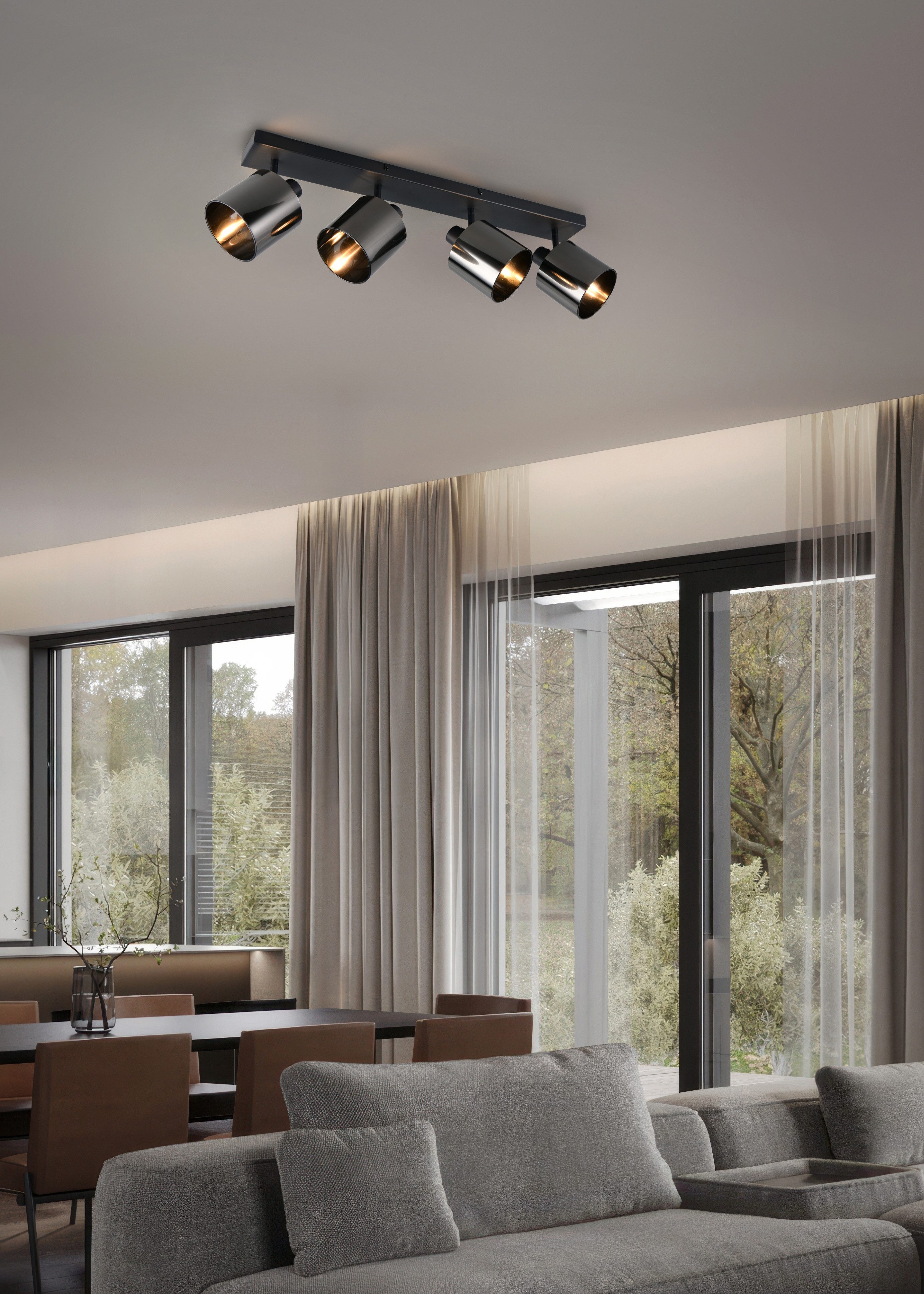 Reality Leuchten Deckenstrahler JASON, Deckenspot Wohnzimmerlampe exkl 4x E14 max 10W, Deckenlampe, Leuchtmittel wechselbar, warmweiß - kaltweiß, 4 verstellbare Strahler, Metall schwarz, Lampenschirm rauchgrau