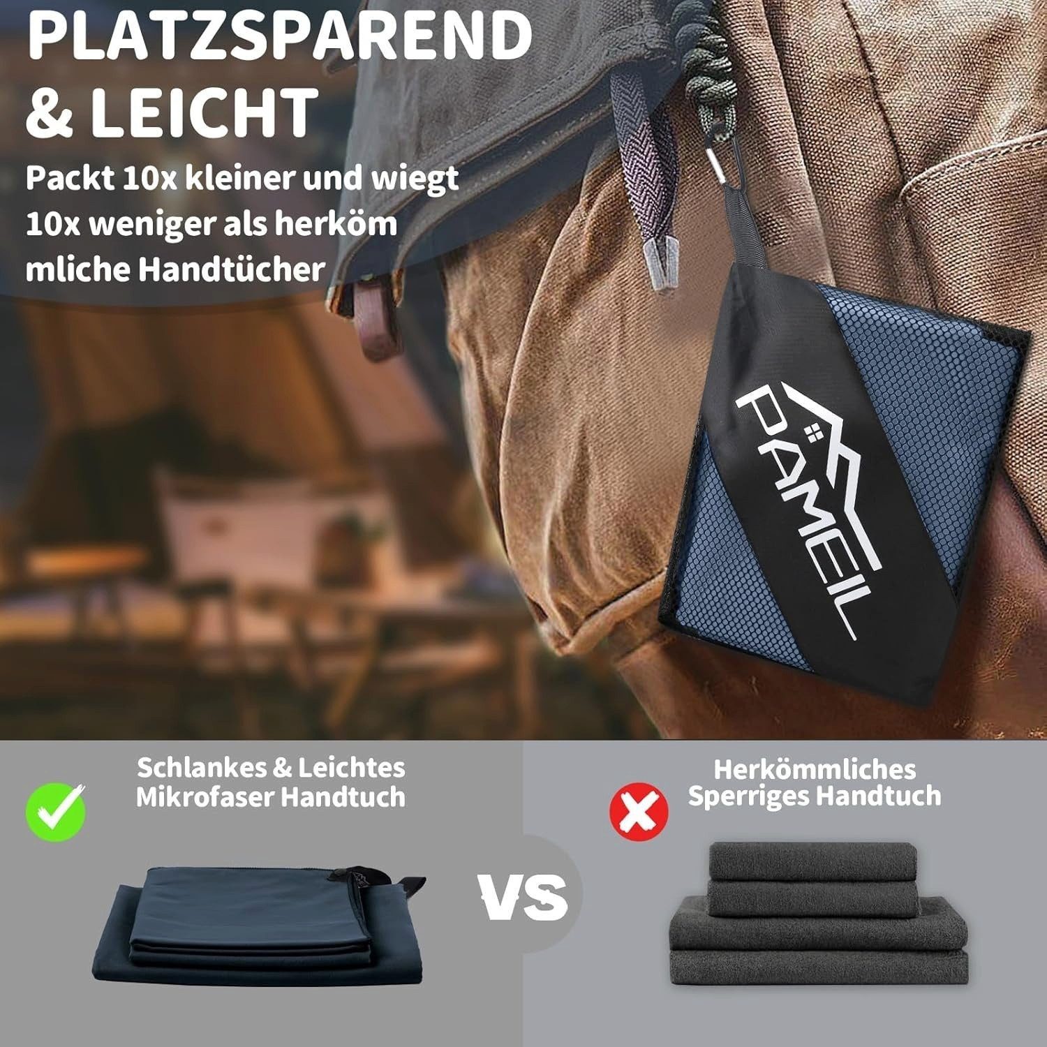 Pameil Reisehandtuch Pameil Reisehandtuch 3er-Set aus Mikrofaser mit praktischer Netztasche, (Set, 3-St), Schnelltrocknend, saugstark und leicht für Sport, Reis – Bild 4 von 5