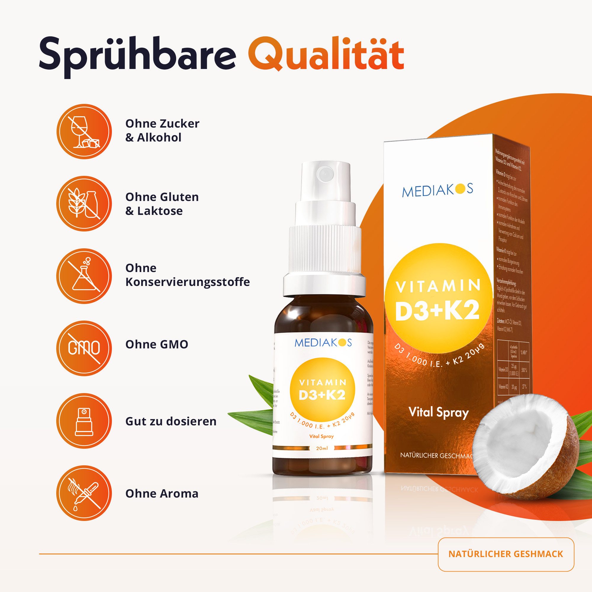 Mediakos Mediakos Vitamin D3 + K2 1.000 I.E. 20 µg Vital Spray, für Immunsystem, Knochen, Zähne und Muskeln – Geschmacksneutral & Ohne Zucker! à 20 ml