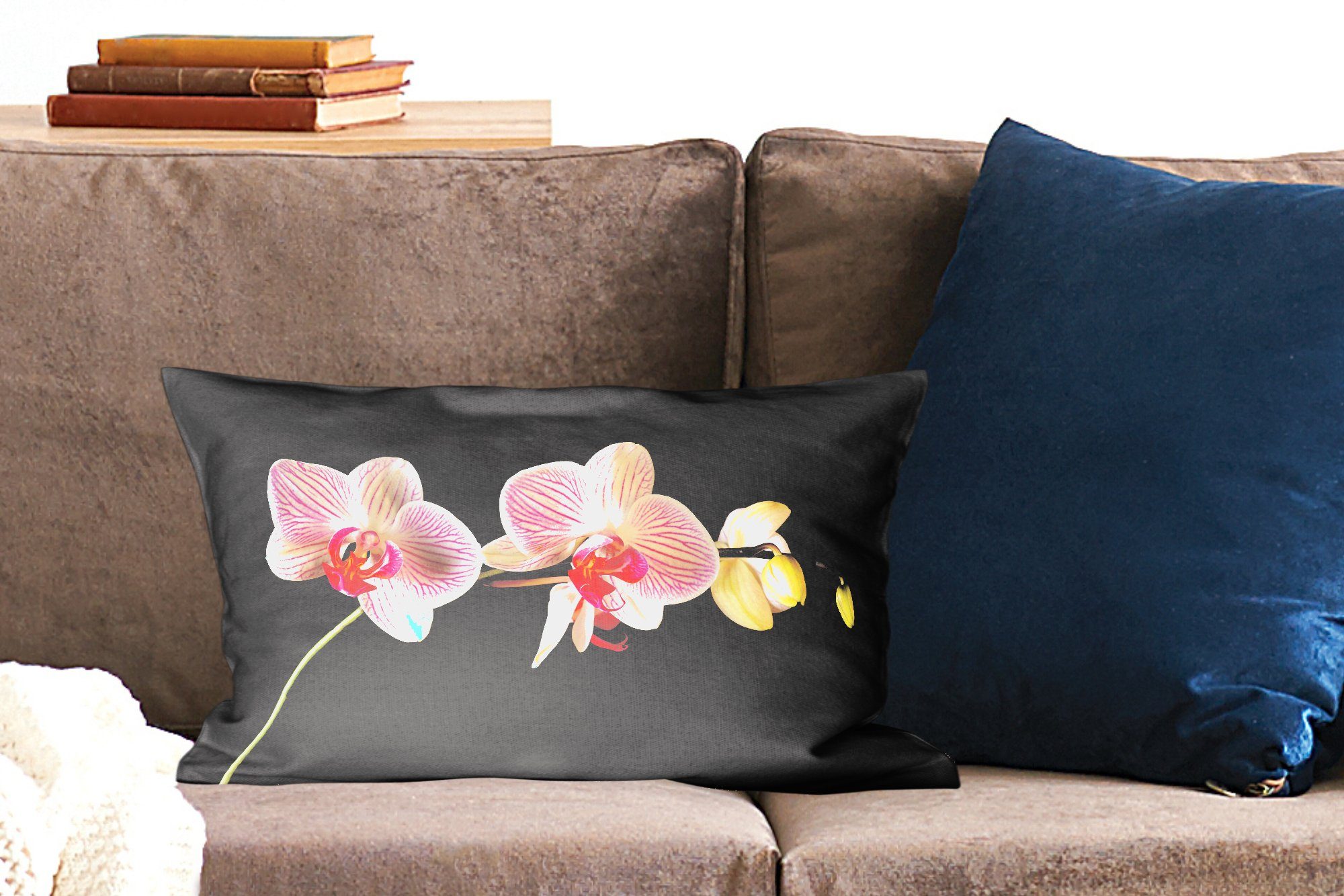 MuchoWow Dekokissen Orchidee - Blumen Wohzimmer - Rosa Füllung, Schwarz - Dekokissen Dekoration, Knöpfe, mit Zierkissen, Schlafzimmer 