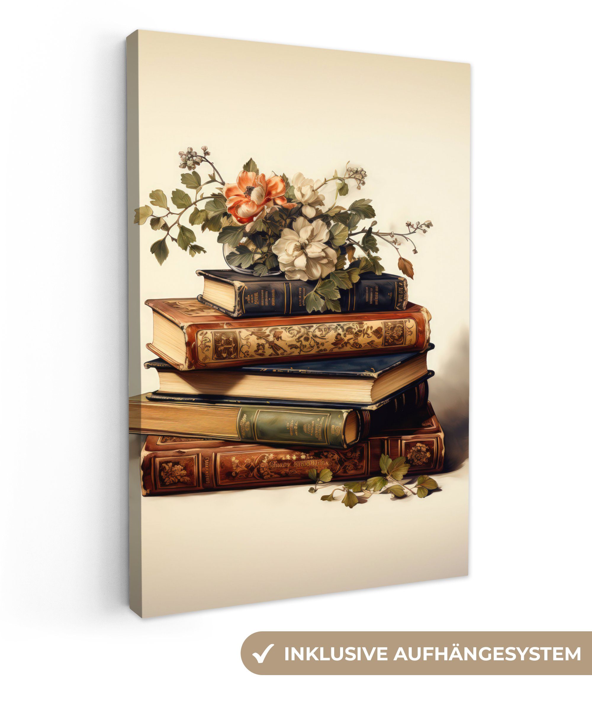 OneMillionCanvasses® Leinwandbild Vintage - Bücher - Blumen - Weiß, Fotodru günstig online kaufen