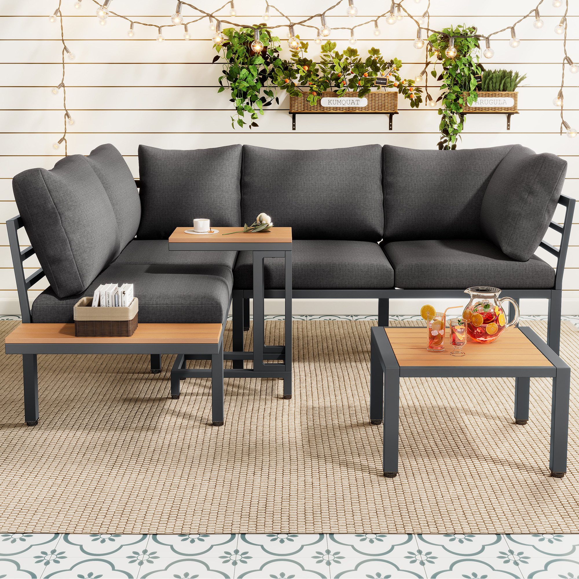 Flieks Gartenlounge-Set, 5-Sitzer Gartenmöbel Sofa &Beistelltisch &Hocker (kann als Couchtisch)