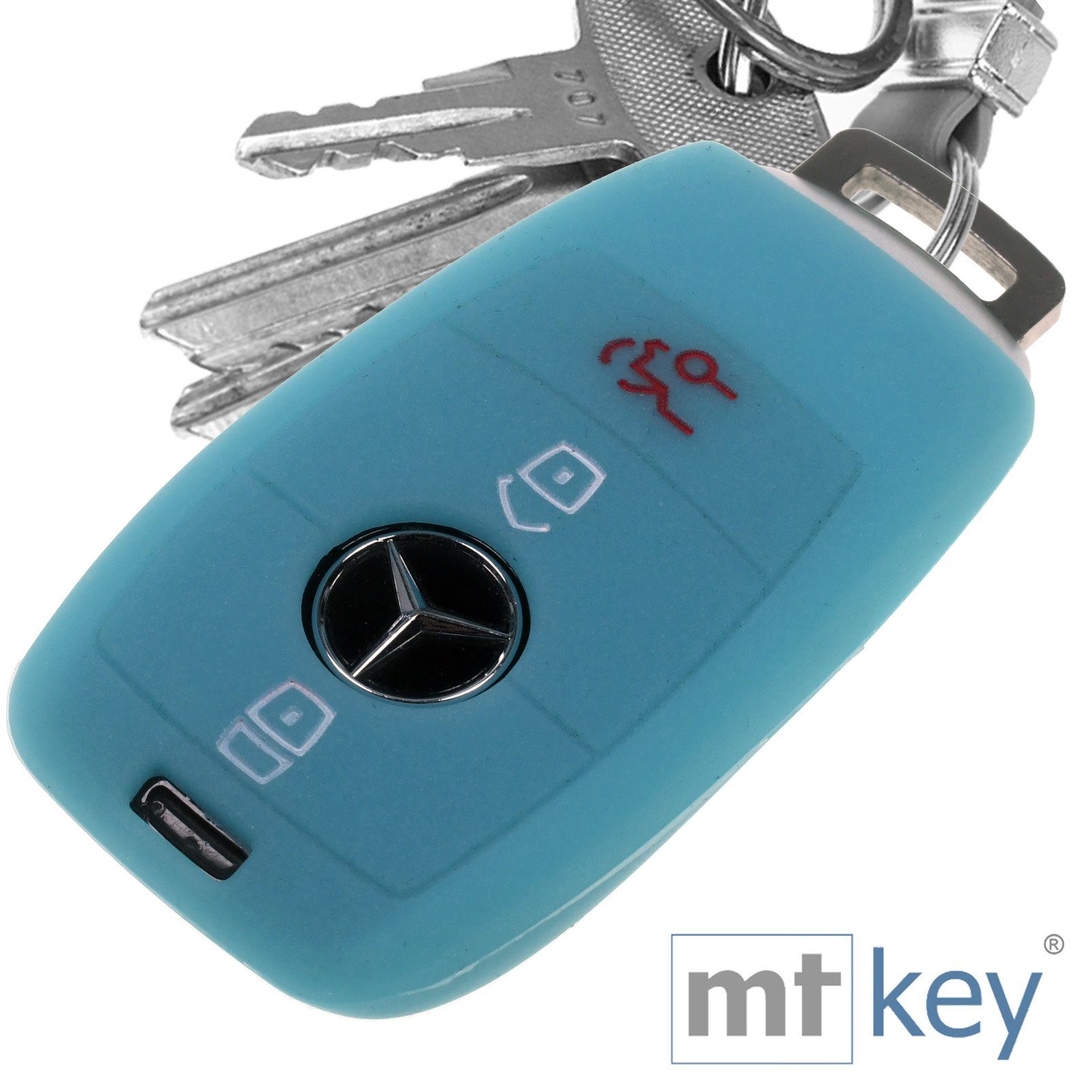 mt-key Schlüsseltasche Autoschlüssel Softcase Silikon Schutzhülle fluoreszierend Blau, für Mercedes Benz E-Klasse W213 S213 C238 A238 3 Tasten KEYLESS