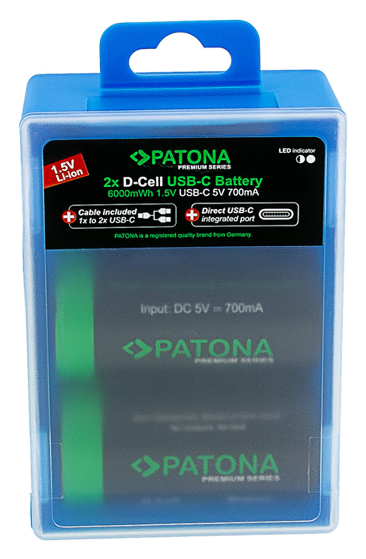Patona 2 USB-C Batterien LR20 Mono D Akkus Lithium mit 6000mWh 1.5V Batterie, aufladbar mit 1 zu 2 USB-C Ladekabel (im Lieferumfang enthalten)