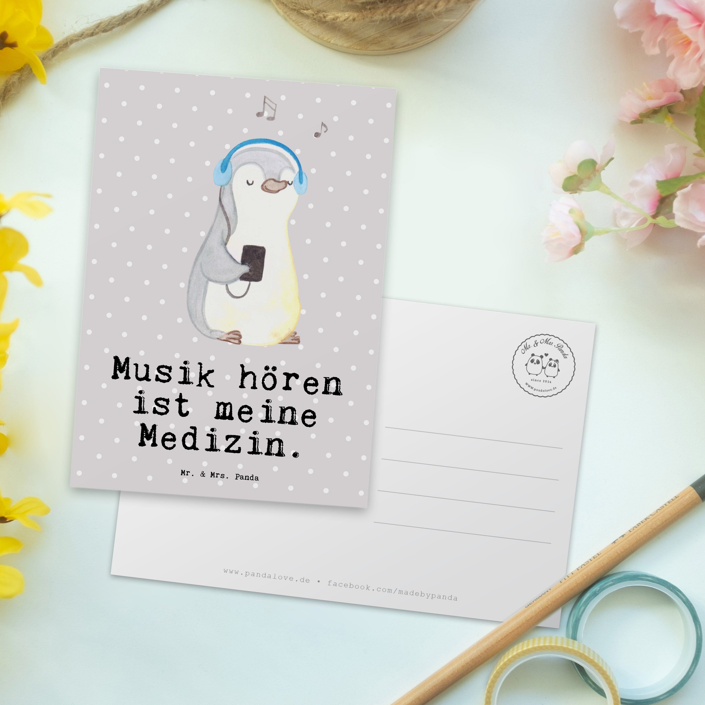 Mrs. Lieblingssong Pastell Geschenk, Musik Medizin Mr. - & Panda - hören Pinguin Postkarte Grau