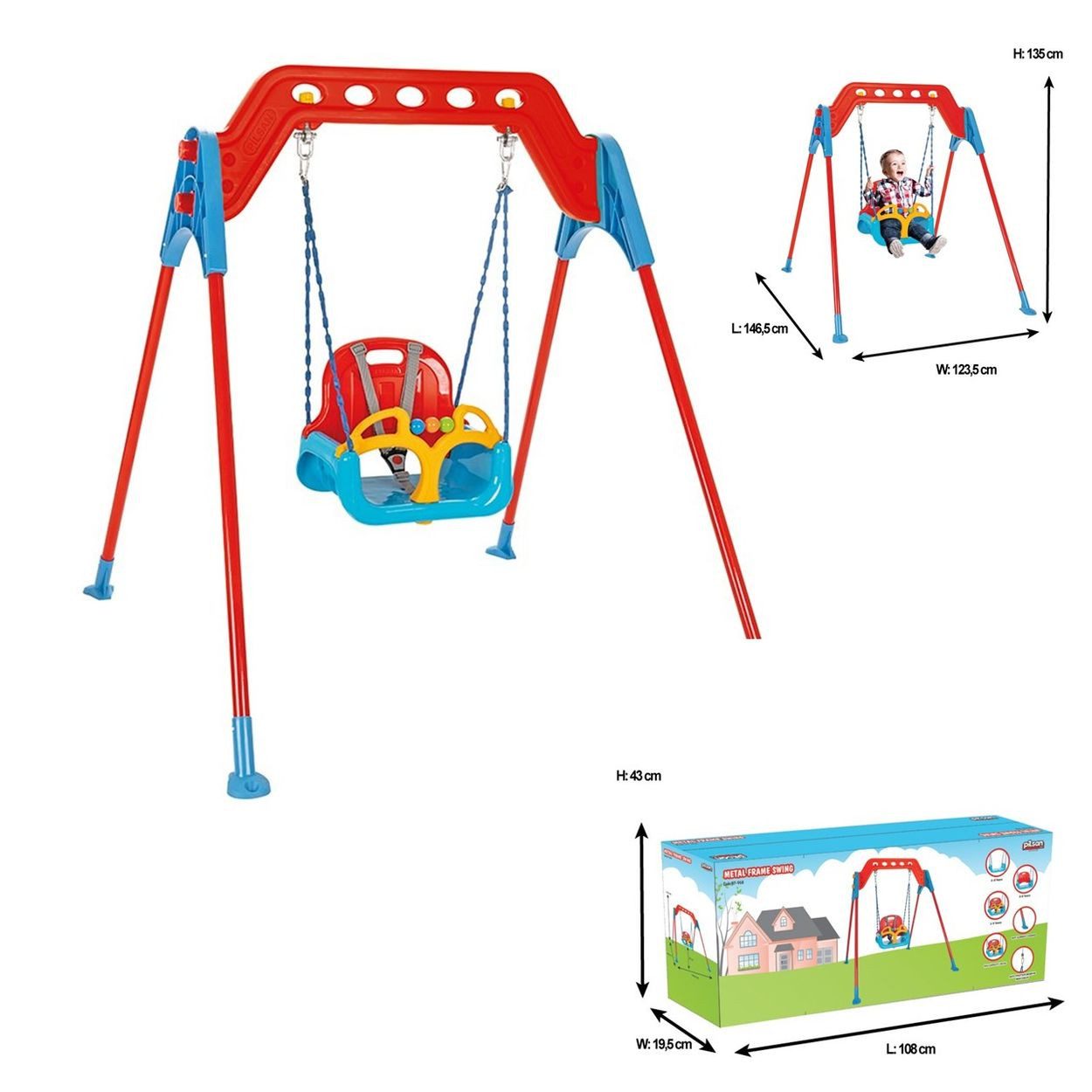 Pilsan Einzelschaukel Swing 07968, Metallrahmen, Rückenlehne, abnehmbarer Bügel, bis 100 kg, ab 12 Monate