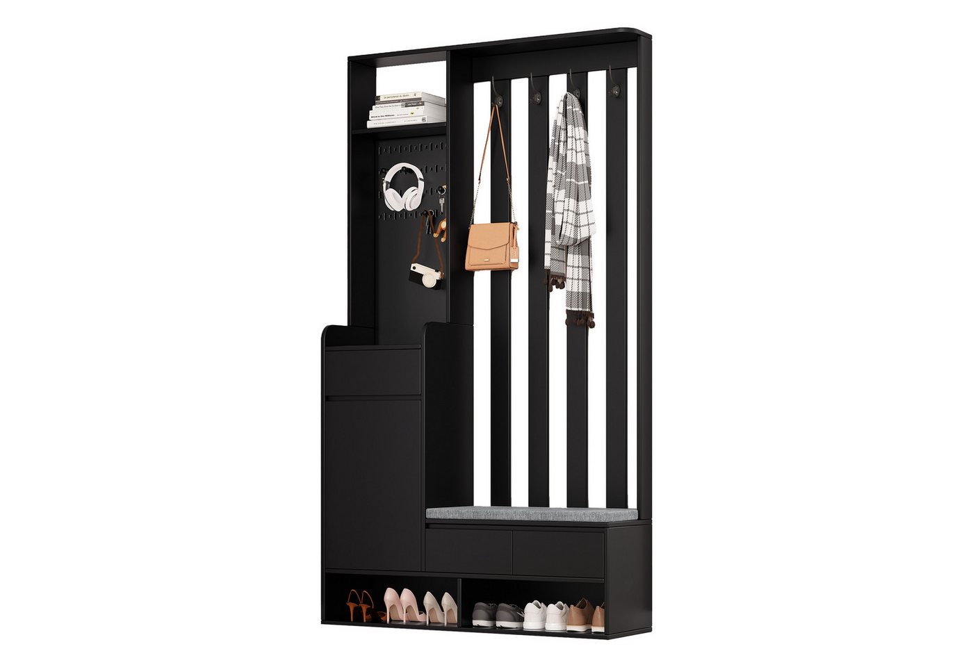 Merax Garderoben-Set mit gepolsterter Aufbewahrungsbank, (Kompaktgarderobe für Ihren Eingangsbereich, H180/B100/T35 cm), Flurgarderobe mit Sitzbank, Stecktafel, Schubladen & Kleiderhaken