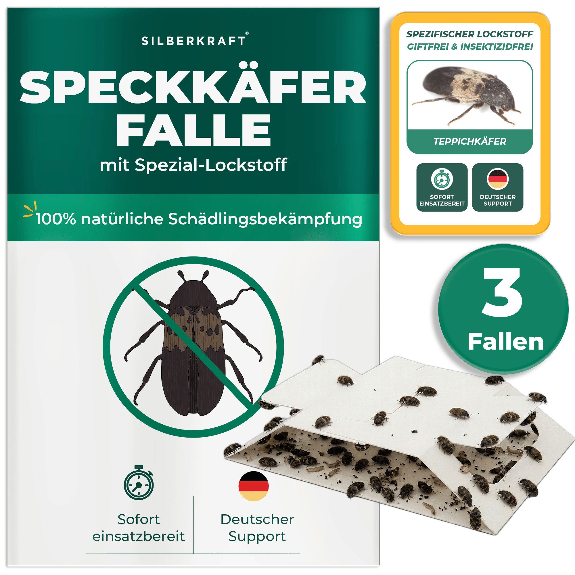 Silberkraft Insektenfalle Speckkäferfalle mit Spezial-Lockstoff Langzeitschutz, Biozidfrei & Geruchslos Extrastarke klebefläche Gezielte Anlockung