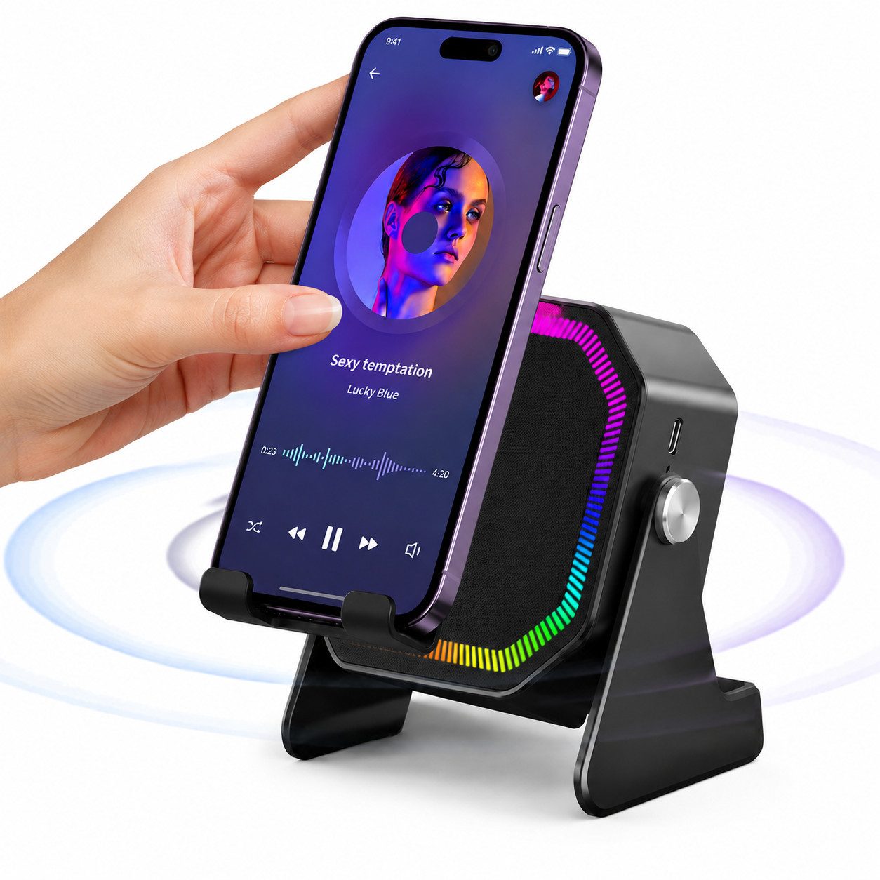 Toomoke 4-in-1 Bluetooth Lautsprecher mit RGB Licht & Handyhalterung Bluetooth-Lautsprecher Kabelloser Bluetooth Lautsprecher mit innovativer Induktionswiedergabe (flexibler Handyhalterung, stimmungsvoller RGB-Beleuchtung und bis zu 8 Stunden Musikgenuss, ideal für Zuhause, Büro und unterwegs)