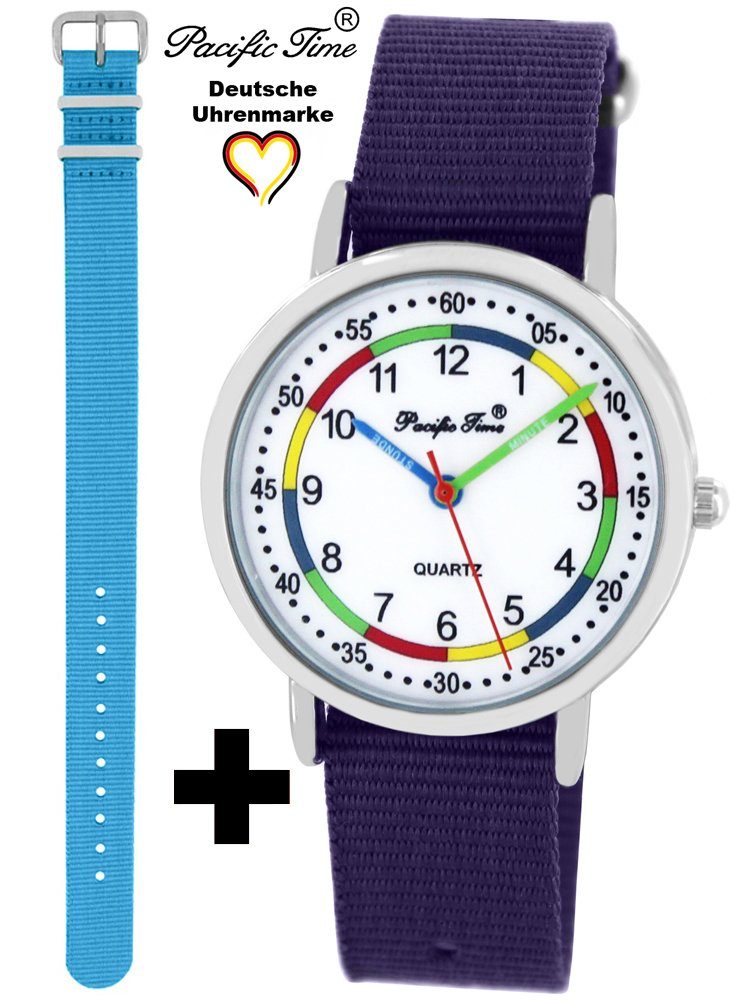 Pacific Time Quarzuhr Set Kinder Armbanduhr First Lernuhr Wechselarmband, Mix und Match Design - Gratis Versand hellblau und violett