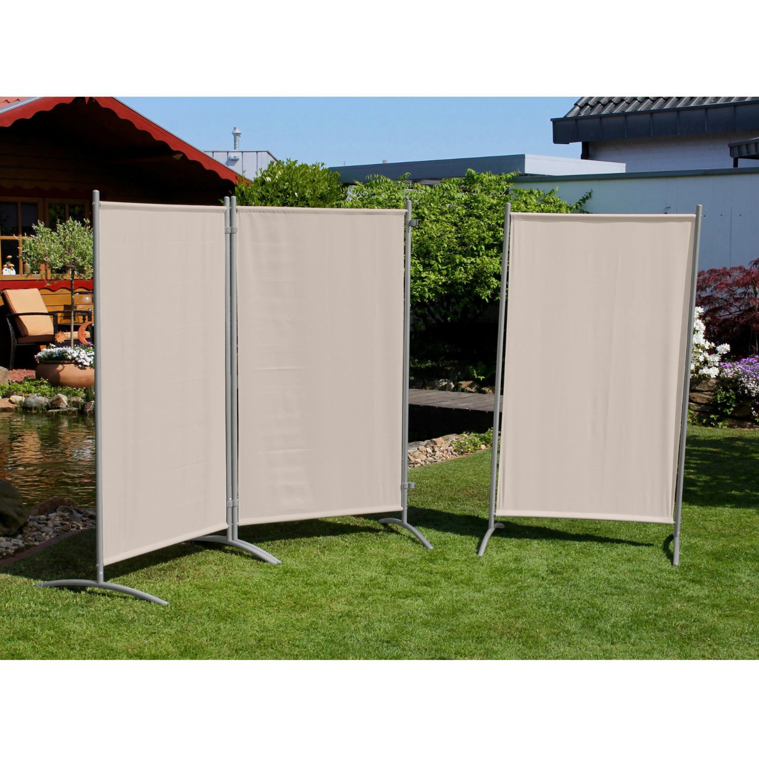 Leco Stellwand Sonnenschutz/ Windschutz (mit Stahlrohrgestell, natur), 3-teilig