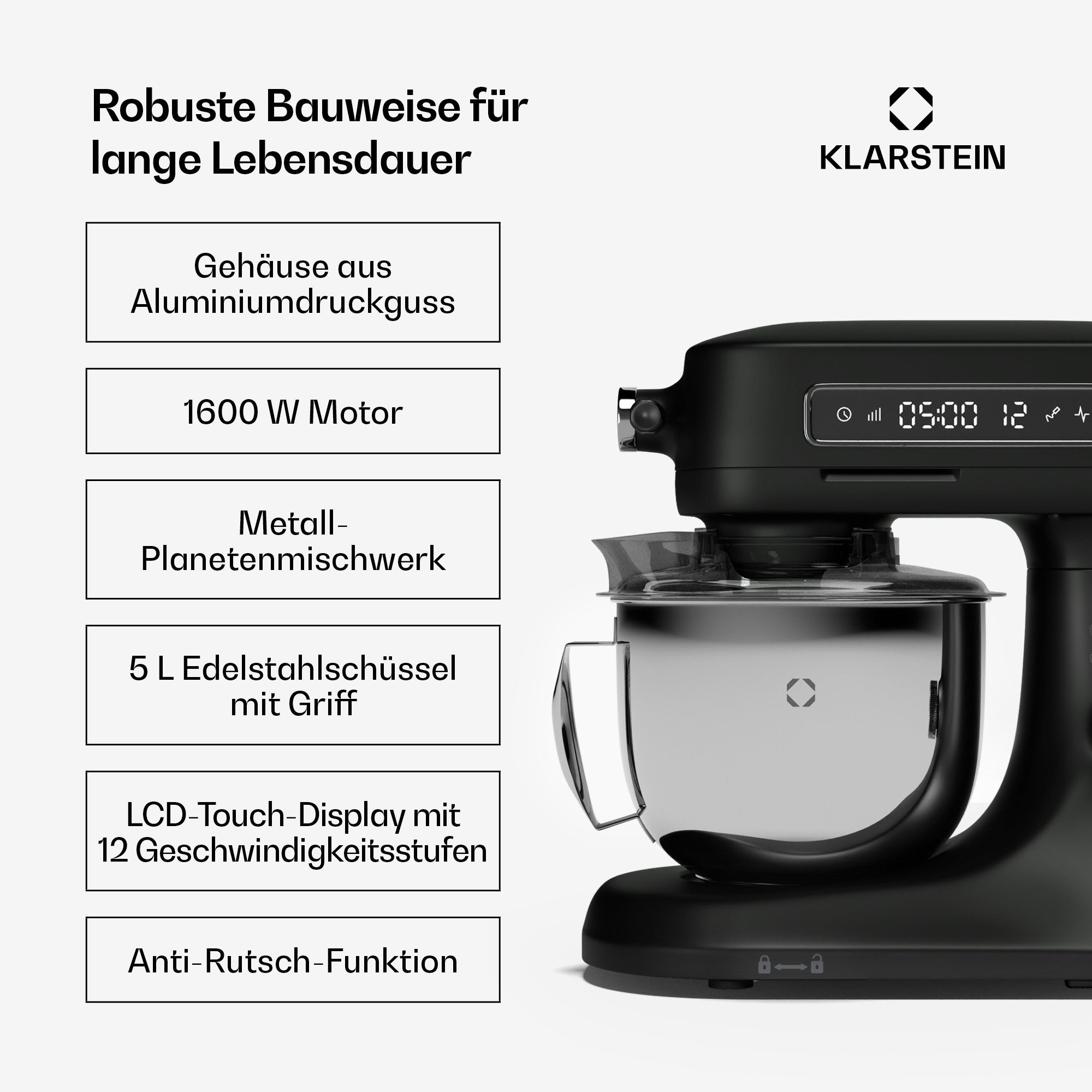 Klarstein Küchenmaschine mit Kochfunktion, 1600 W, 5 l Schüssel, Knethaken Rührbesen Schneebesen 5 L LCD Touch