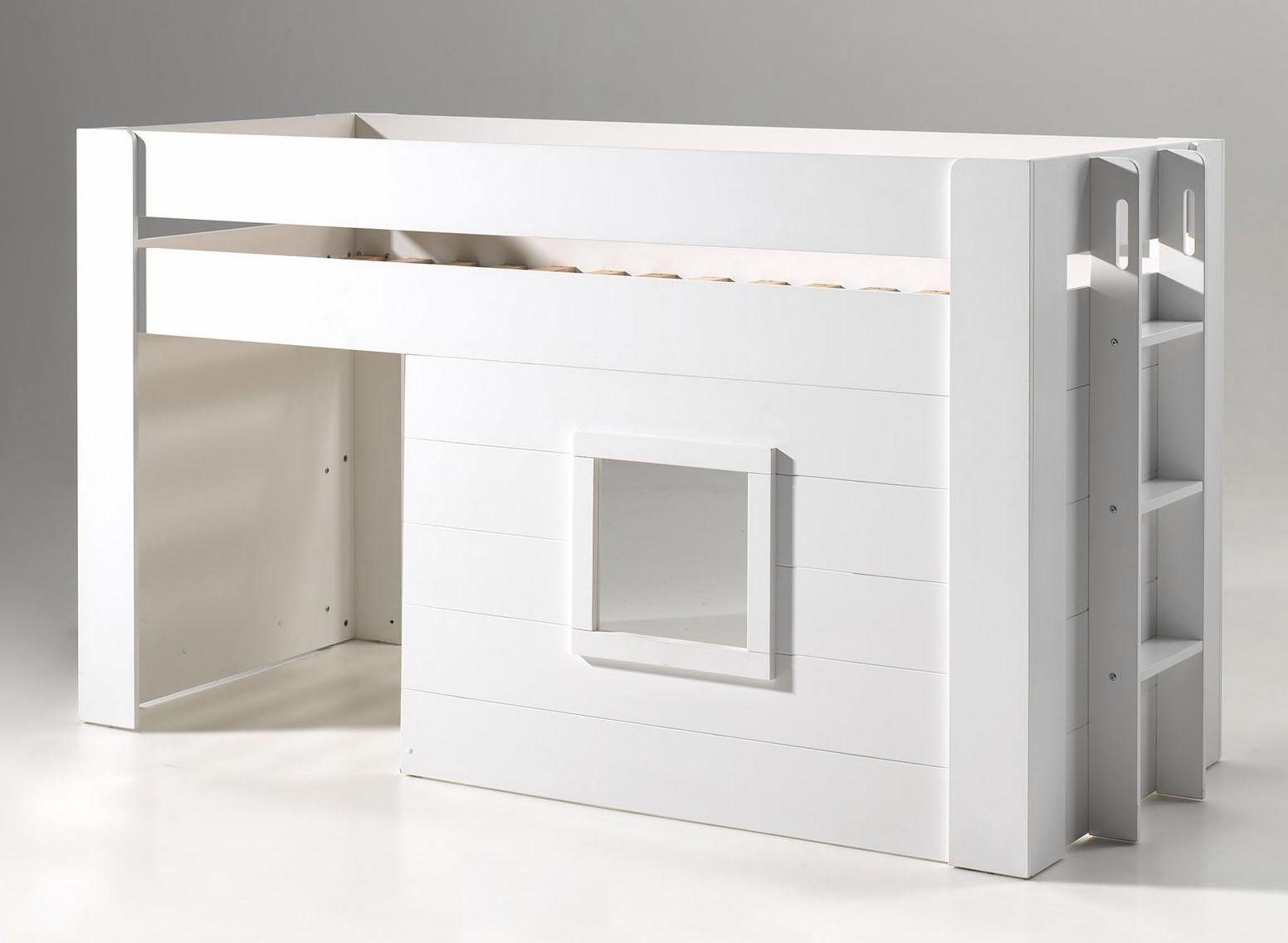 Vipack Hochbett Noah, ein tolles Budenbett mit hoher Standfestigkeit, weiß lackiert (B/H/Tca.214x120x96cm, Leiter rechts/links möglich, Absturzschutz oben) inkl. Rolllattenrost, wahlweise mit und ohne Textilvorhang