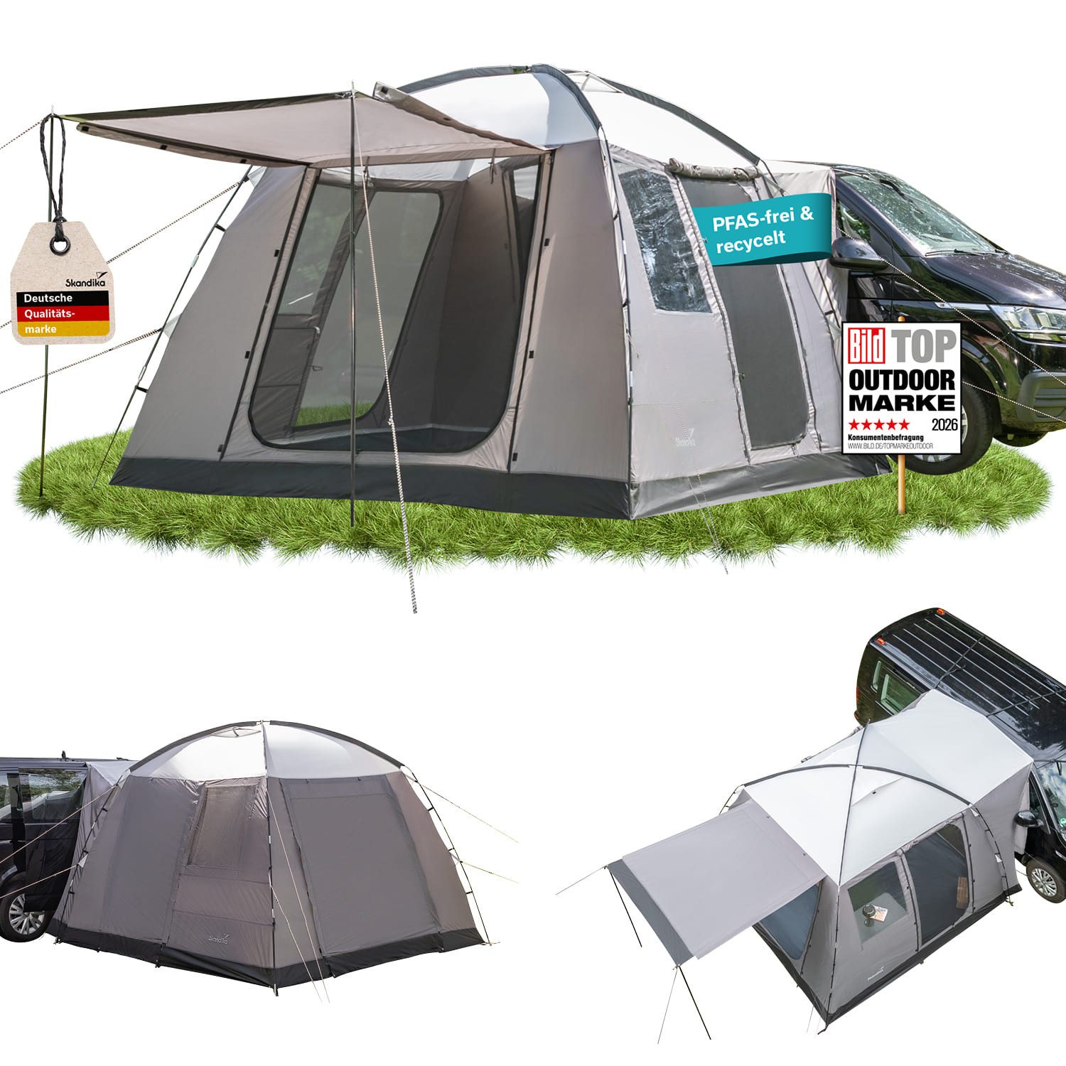 Skandika Buszelt Pitea Van Protect, freistehend, für Auto, CUV, Bus, Minivan, UPF 50+, Personen: 4 (Moskitonetz an allen 3 Türen und am Schleuseneingang), 225 cm Stehhöhe, 5000 mm Wassersäule, eingenähter Zeltboden