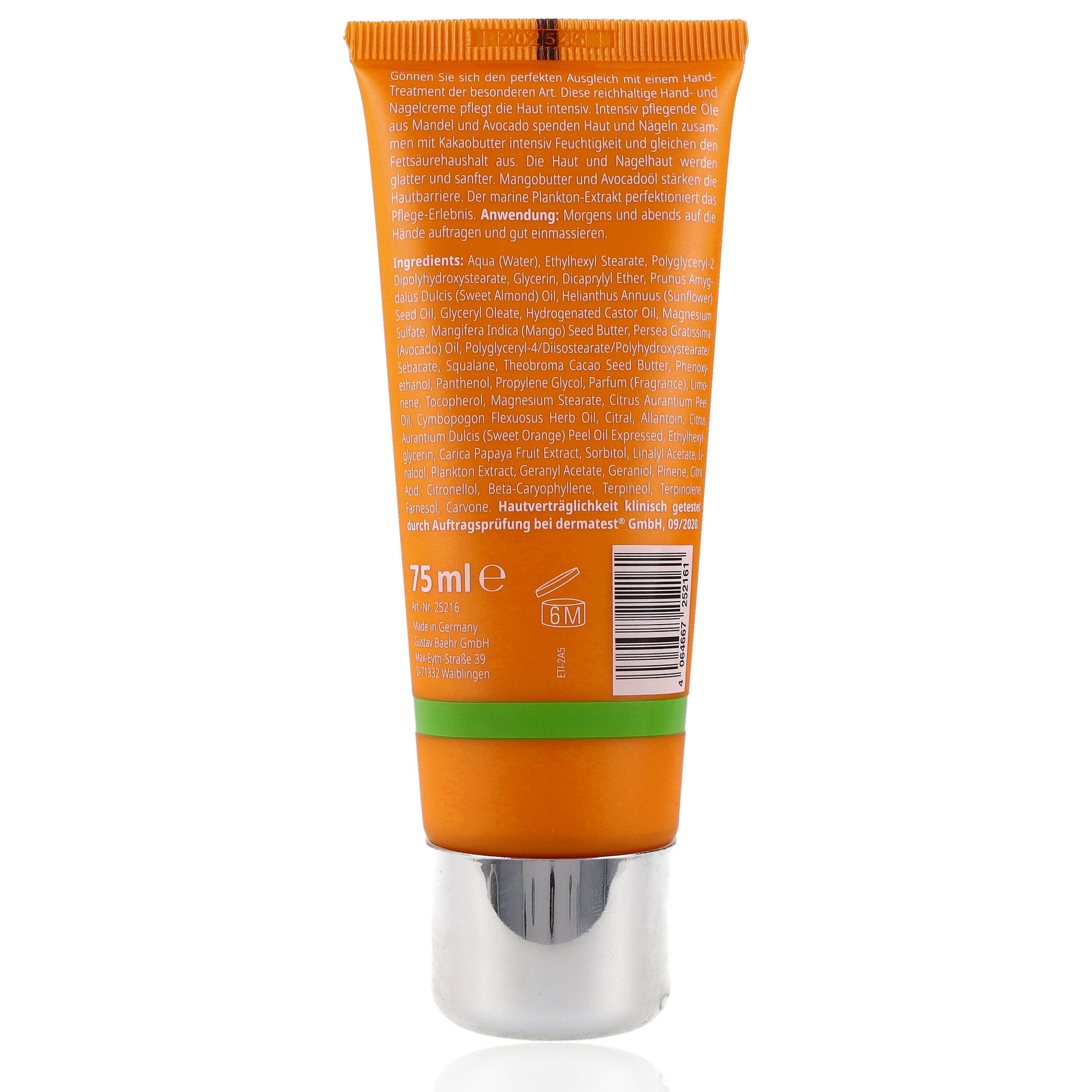 BAEHR BEAUTY CONCEPT Handcreme Baehr Beauty Concept Sinnes Oase Hand- und Nagelcreme 75ml Zitronengras-/ Orangenöl-Duft, 1-tlg., mit Mandel-, Avocadoöl, Mango-, Kakaobutter & Plankton-Extrakt