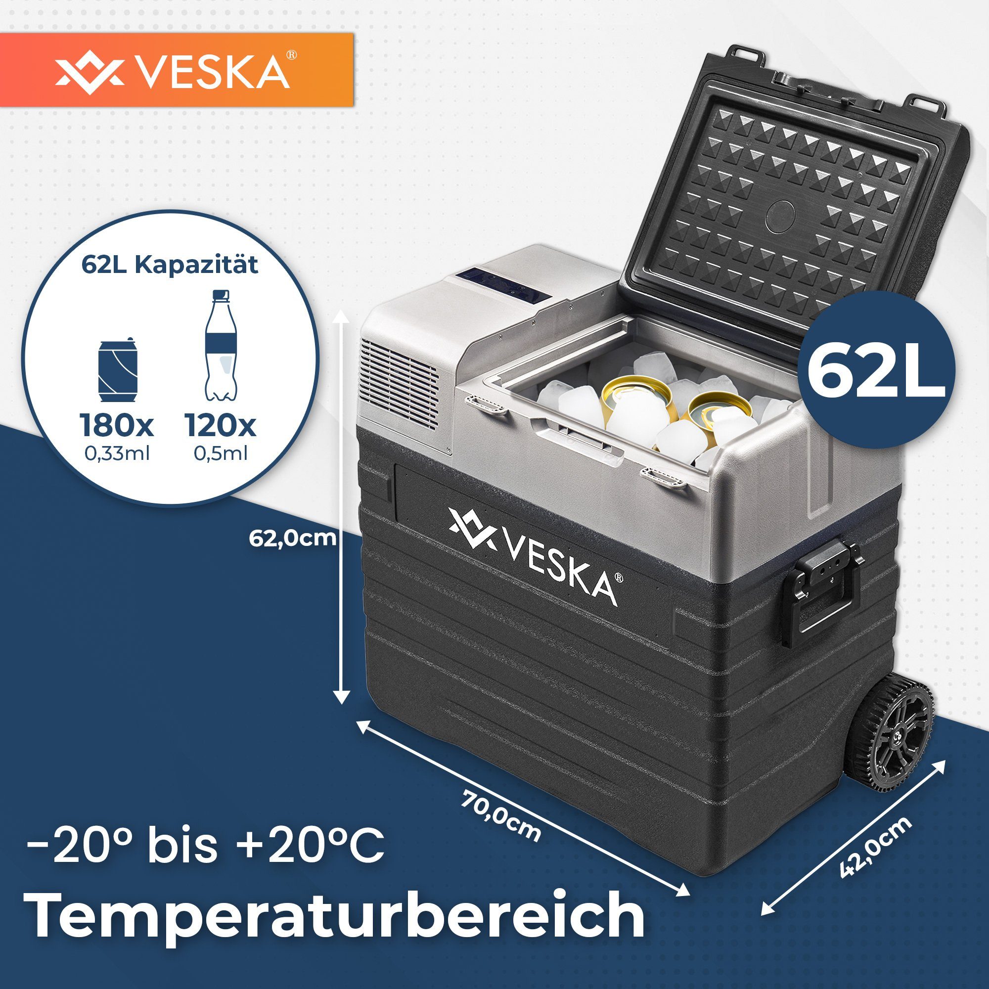 VESKA Elektrische Kühlbox Kompressor Gefriertruhe mobiler Kühlschrank, Kühltruhe, Gefrierbox, 12V/24V, 230V, für Auto, Lkw, Boot, Wohnwagen, Camping – Bild 4 von 5