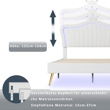 Flieks Polsterbett, LED Beleuchtung Krone Kunstleder Kinderbett 90x200cm weiß