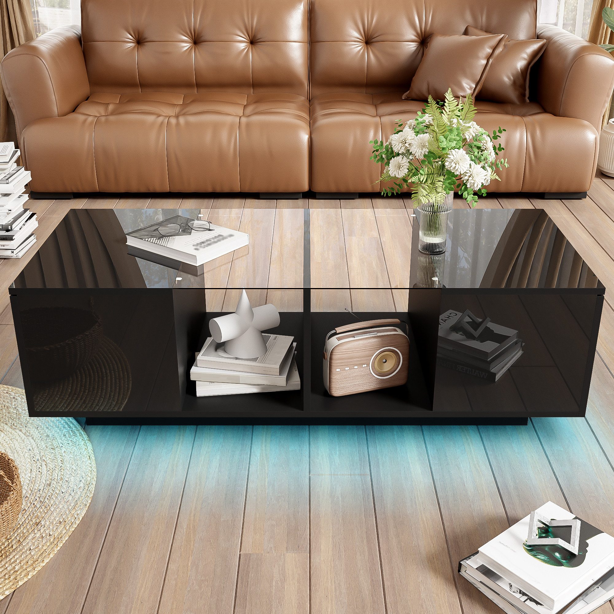 Furnishings Home Couchtisch Wohnzimmertisch Ablagetisch LED Beistelltisch (Hochglänzender quadratischer, mit LED Beleuchtung & Fernsteuerung), Mit Glasplatte un – Bild 3 von 5