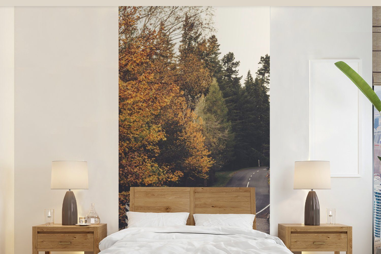 MuchoWow Fototapete Bäume - Straße - Herbst, Matt, bedruckt, (2 St), Vliestapete für Wohnzimmer Schlafzimmer Küche, Fototapete