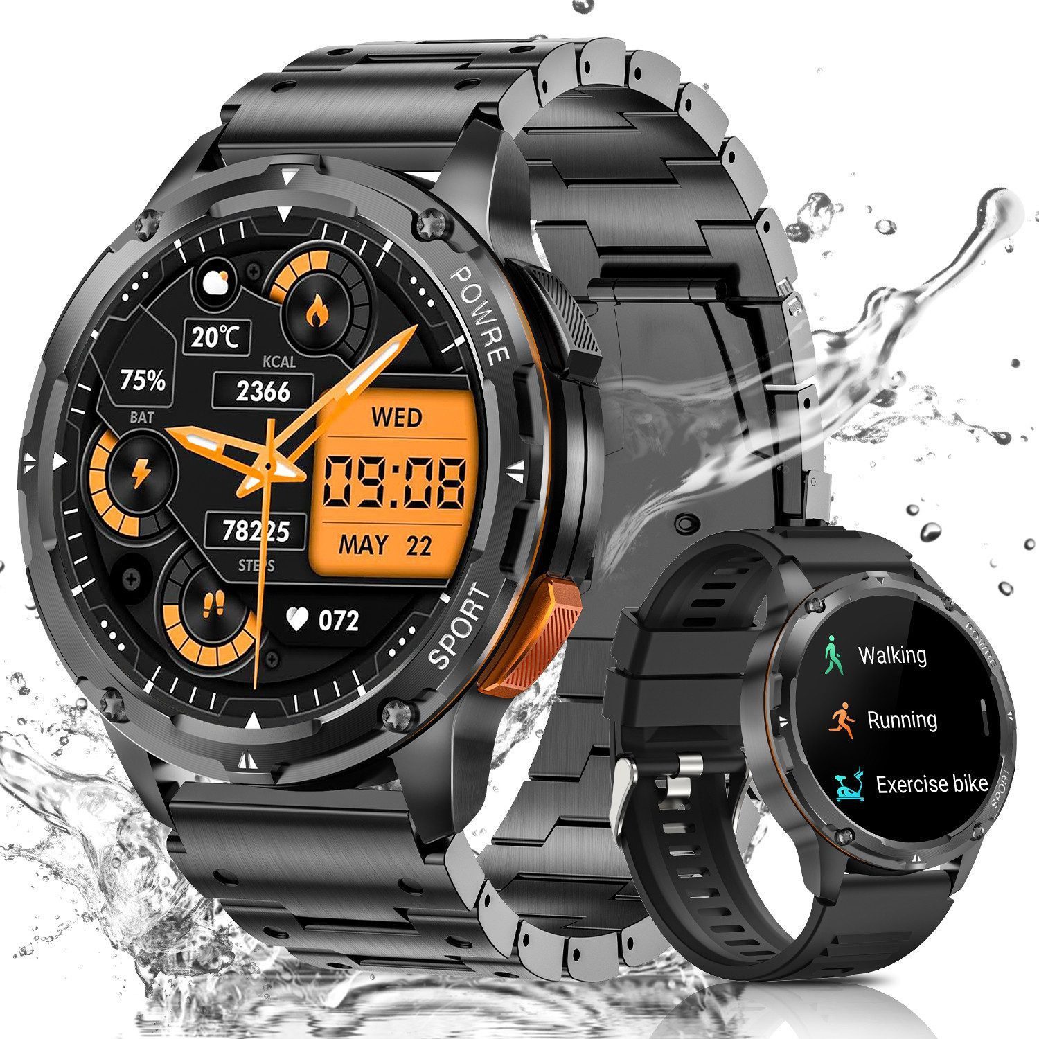 BANLVS Smartwatch für Herren in Militärqualität, mit Telefonfunktion Smartwatch (3.63 cm cm/1,43 Zoll, AMOLED Always On Display), 24/7 Herzfrequenz/SpO2/Blutdruck/Schlafüberwachung, IP68 Wasserdicht
