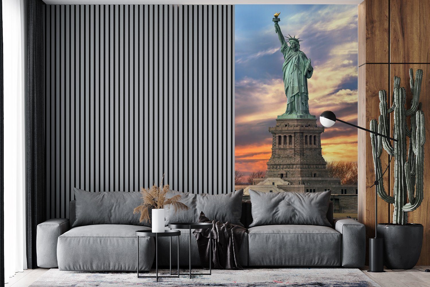 Fototapete Freiheitsstatue bedruckt, Wohnzimmer New York MuchoWow Vliestapete Sonnenuntergang, St), bei Fototapete Matt, in Küche, für Schlafzimmer (2