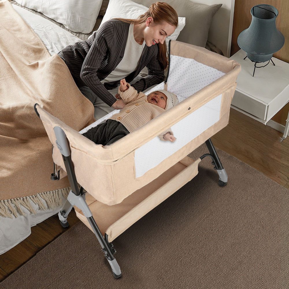 JEOBEST Beistellbett Baby, Grab-and-go Baby Bett mit Matratze & Rädern für Neugeborene, Tragbare Babybett mit 4 verstellbaren Höhen & Matratze