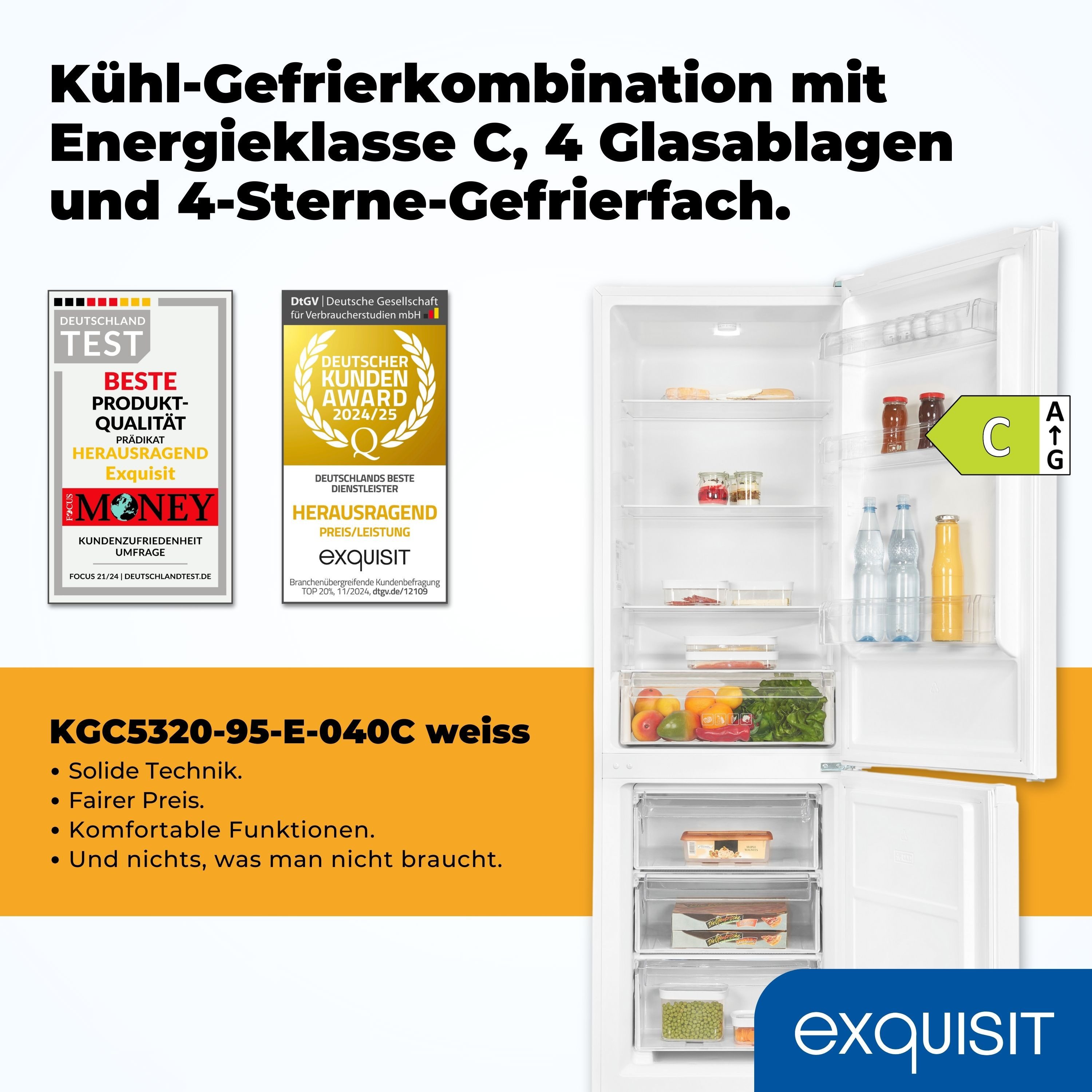 exquisit Kühl-/Gefrierkombination KGC5320-95-E-040C, 185.8 cm hoch, 60 cm breit, verstellbare Glasablagen, optischer Alarm, höhenverstellbare Füße