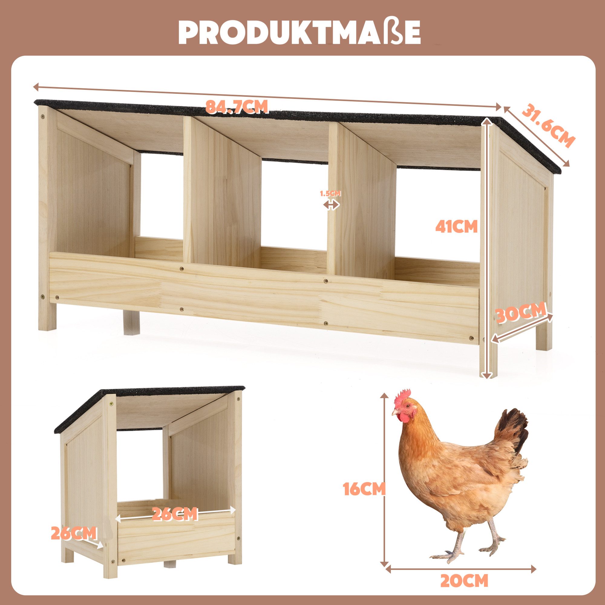 FURPAL Hühnerstall 3er Holz-Hühnernest mit Bitumendach – wetterfest & stabil für draußen, Praktische Legenester mit Trennwänden für sicheres Eierlegen