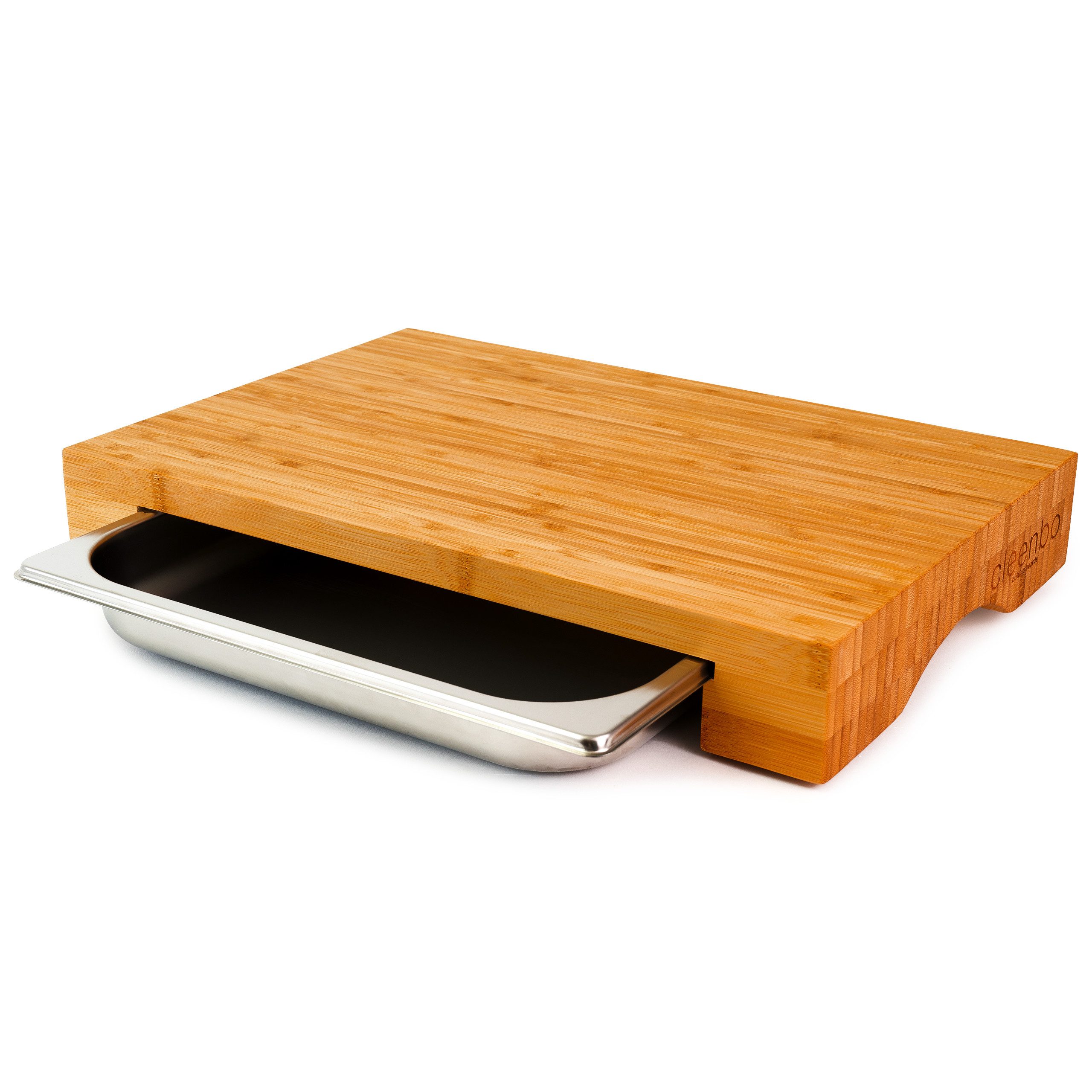 cleenbo Schneidebrett mit Auffangschale - Profi Holz Küchenbrett aus Bambus - 43 x 29 x 7 cm, Bambus, Bambus, Holzbrett mit Auffangschale aus Edelstahl (GN)