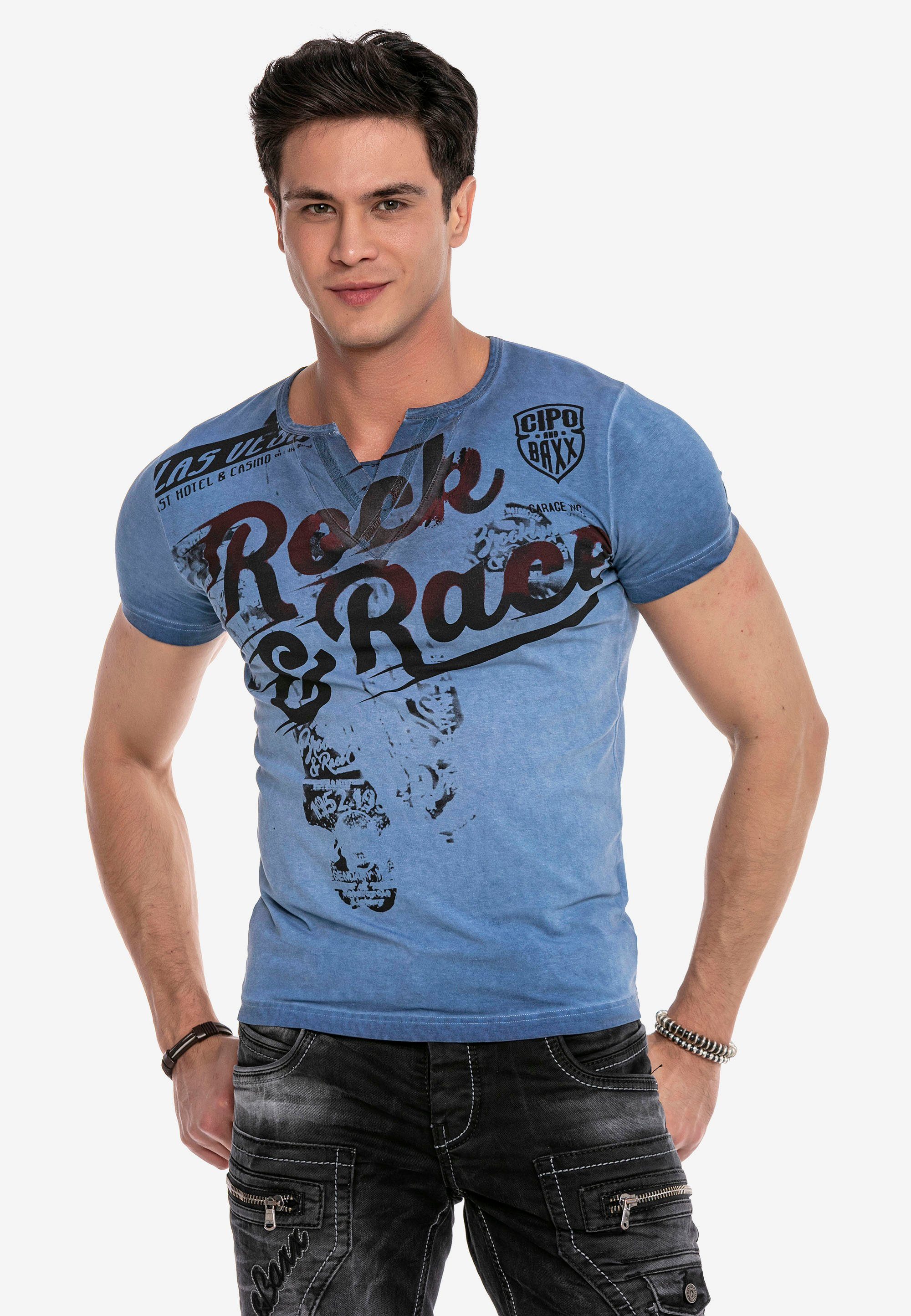 Cipo & Baxx T-Shirt mit Rock&Pace Aufdruck blau