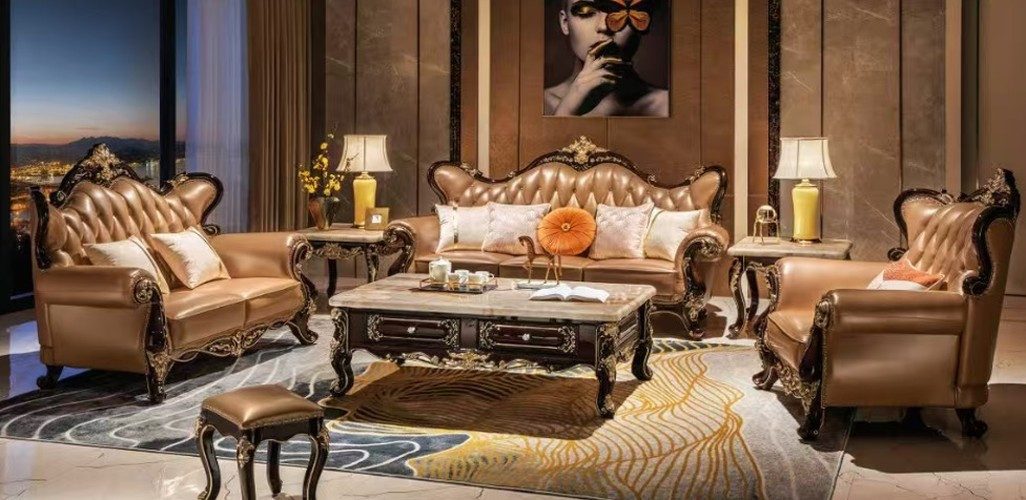 JVmoebel Polstergarnitur JVMoebel Sofa Set aus Kunstleder in edlem Goldton mit Couchtisch, (Set, 6-tlg)