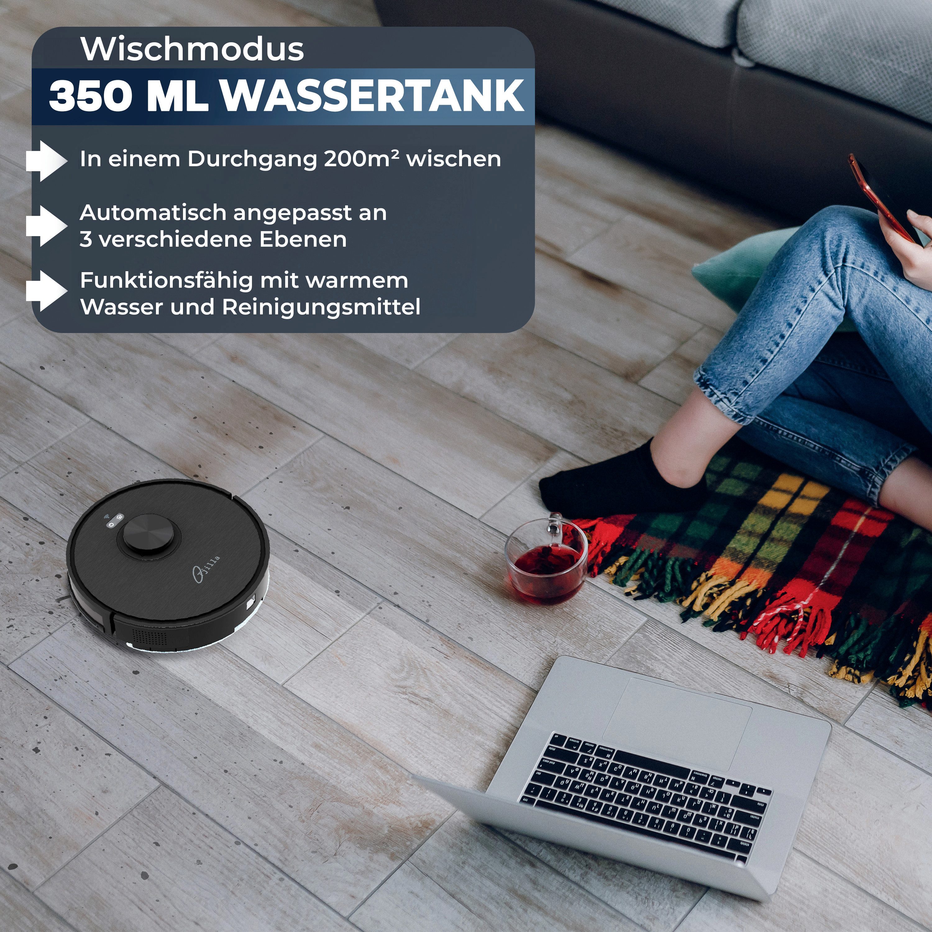 Tjilla Saugroboter C150 mit Wischfunktion, 32 W, beutellos, Wischmodus,App-Steuerung,Geräuschlos,Niederländische-Marke,Lidar-Laser