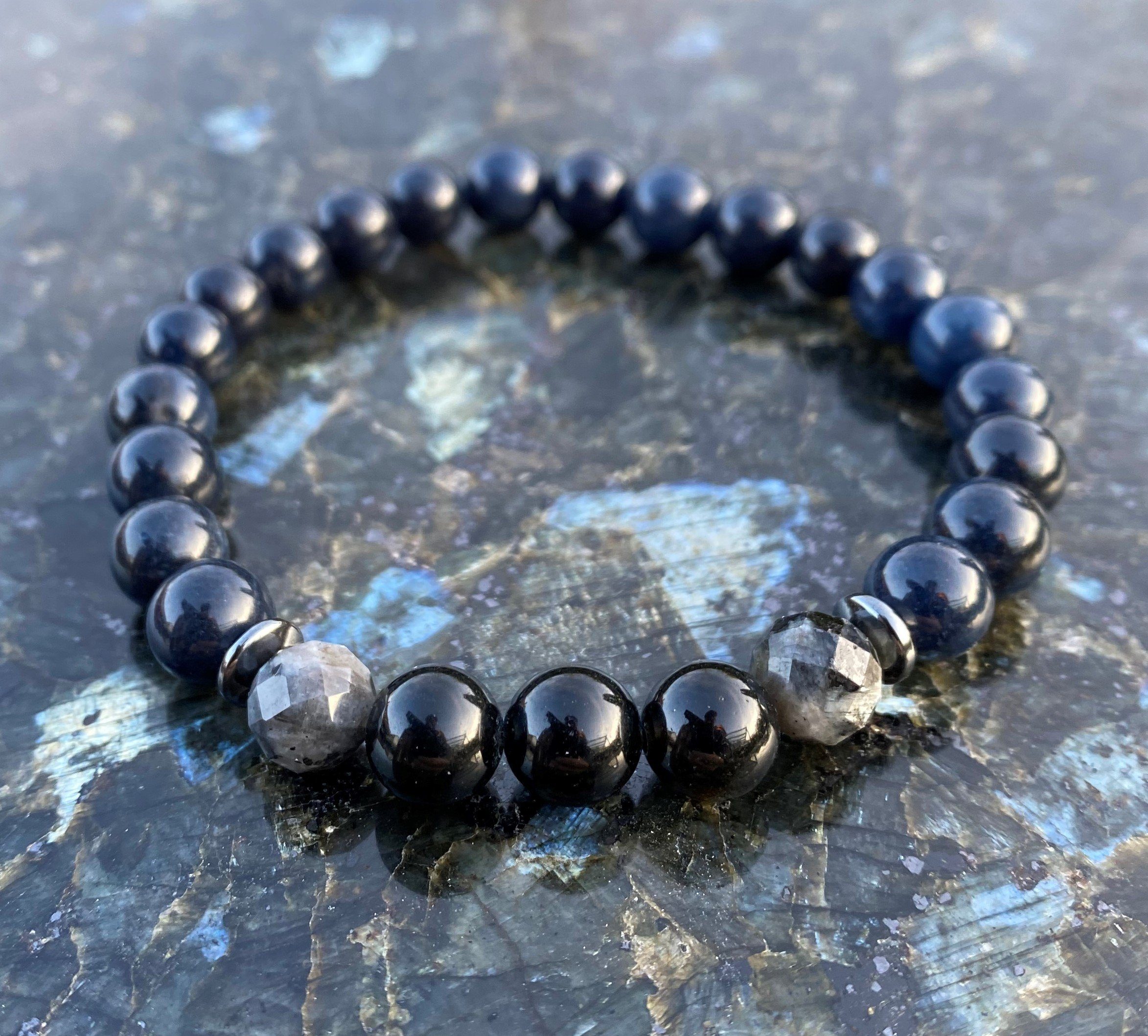 NAHLE Armband Naturstein Perlenarmband Lapislazuli, mit Lapislazuli Larvikit und Obsidian – Bild 3 von 5