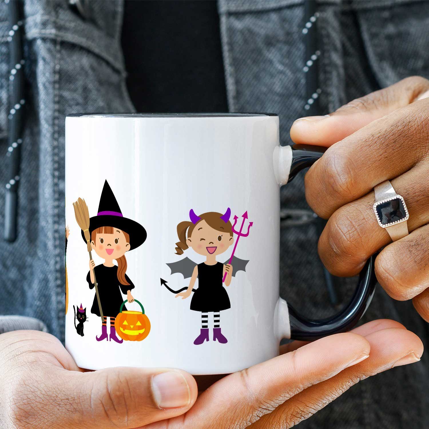 Geschenke Schwarz Weiß Kinderkostüme zu Design - Motiv Tasse mit GRAVURZEILE Schaurige Halloween -