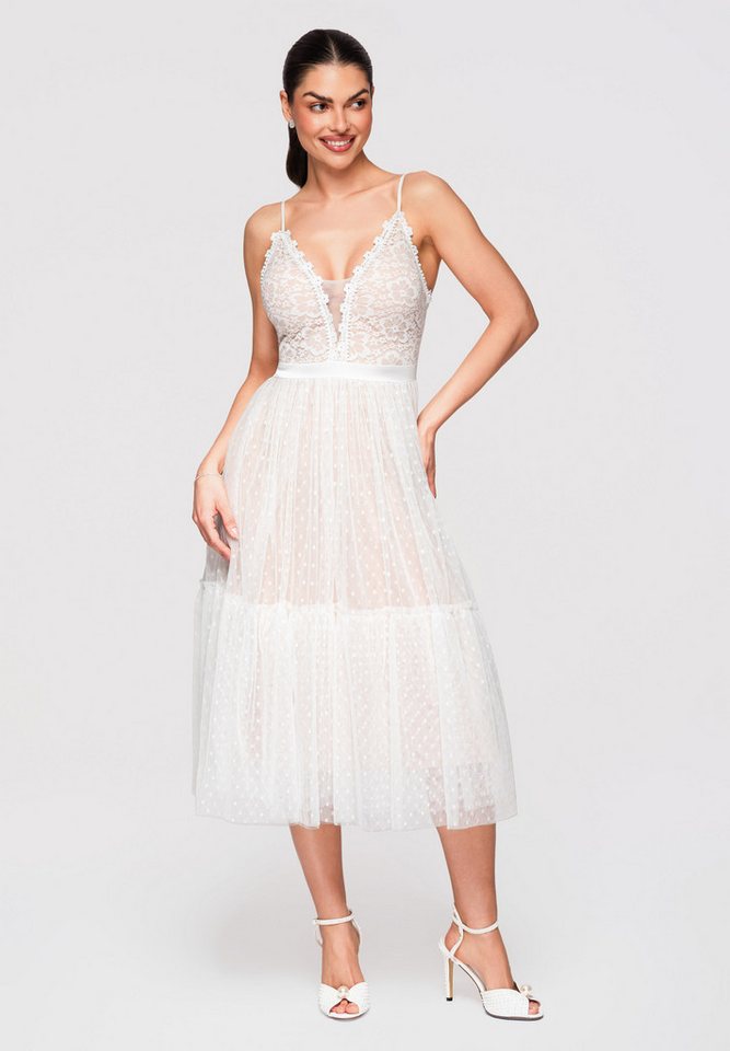 OMBRE Abendkleid Damen Midi-Kleid Spitze Tüll Cocktail Weiß S (kein Set, 1-tlg) Mehrlagiger Rock aus Mesh