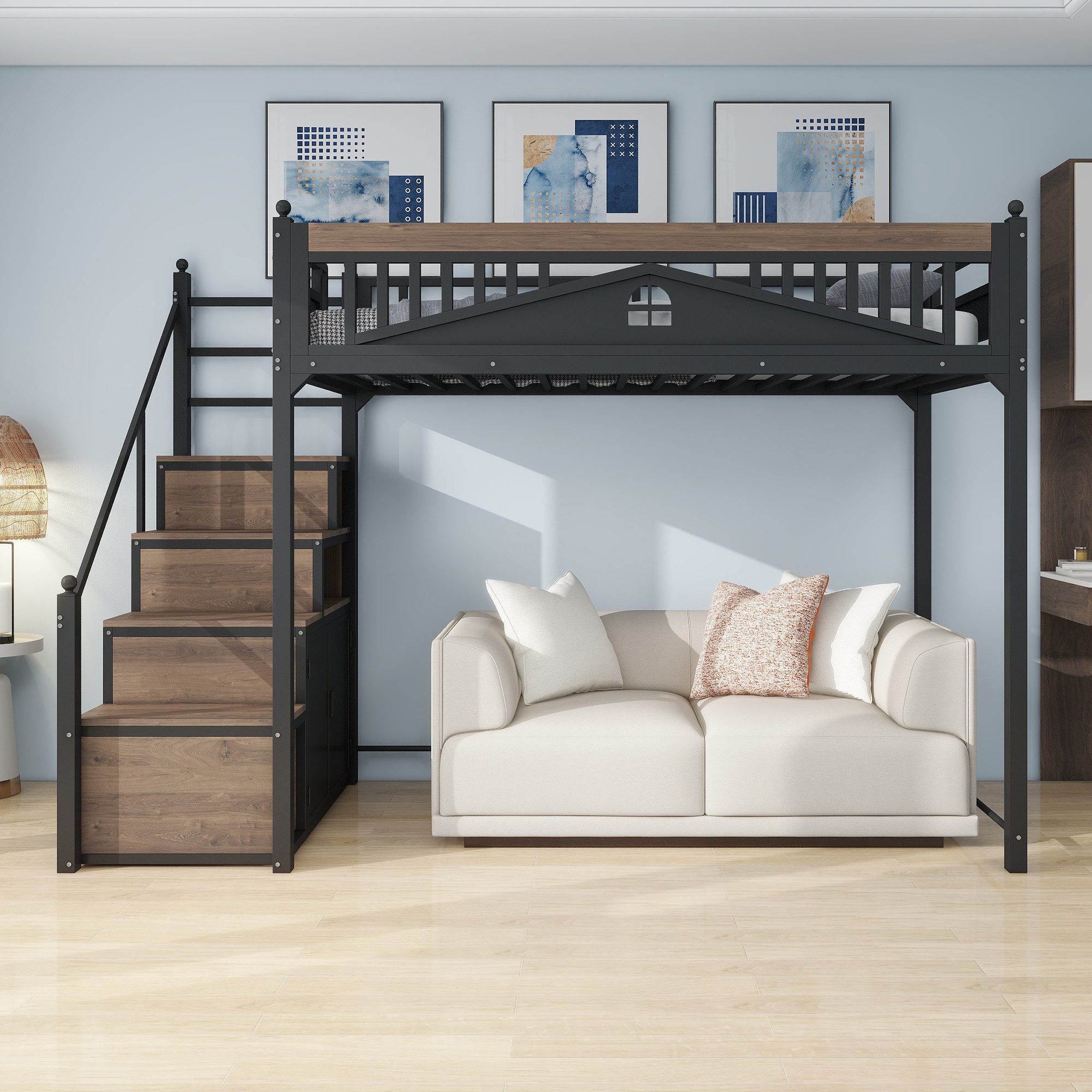 OKWISH Hochbett Einzelbett,Jugendbett,Hochbett (Metall-Hochbett mit Staurau günstig online kaufen