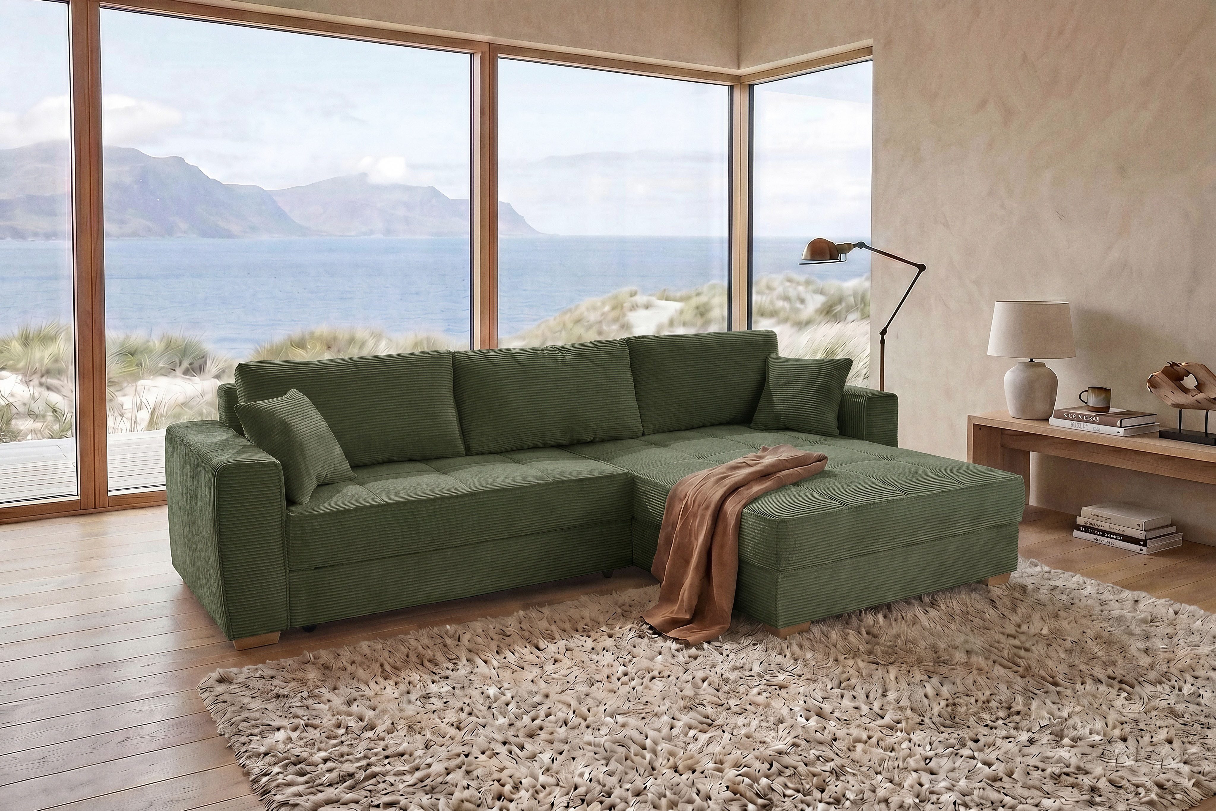 Jockenhöfer Gruppe Ecksofa Bologna, L-Form, Breite: 298 cm, Cord-Bezug, beidseitig montierbar, mit Schlaffunktion, Bettkasten & Zierkissen, XXL-Ottomane