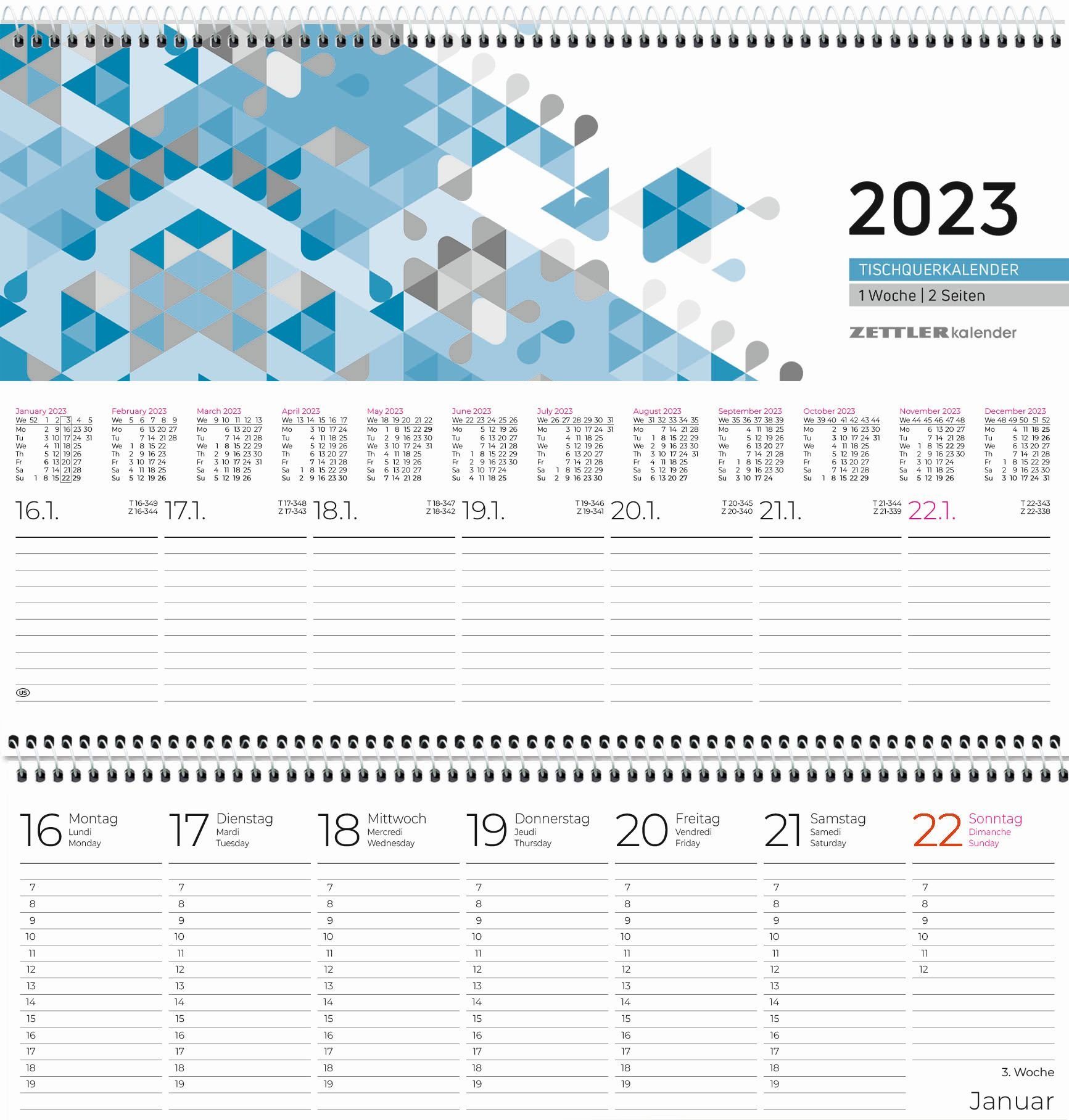 - x cm, 2 Woche 10 1 / Seiten, Isolierband blau Tischquerkalender 116 ZETTLER 30