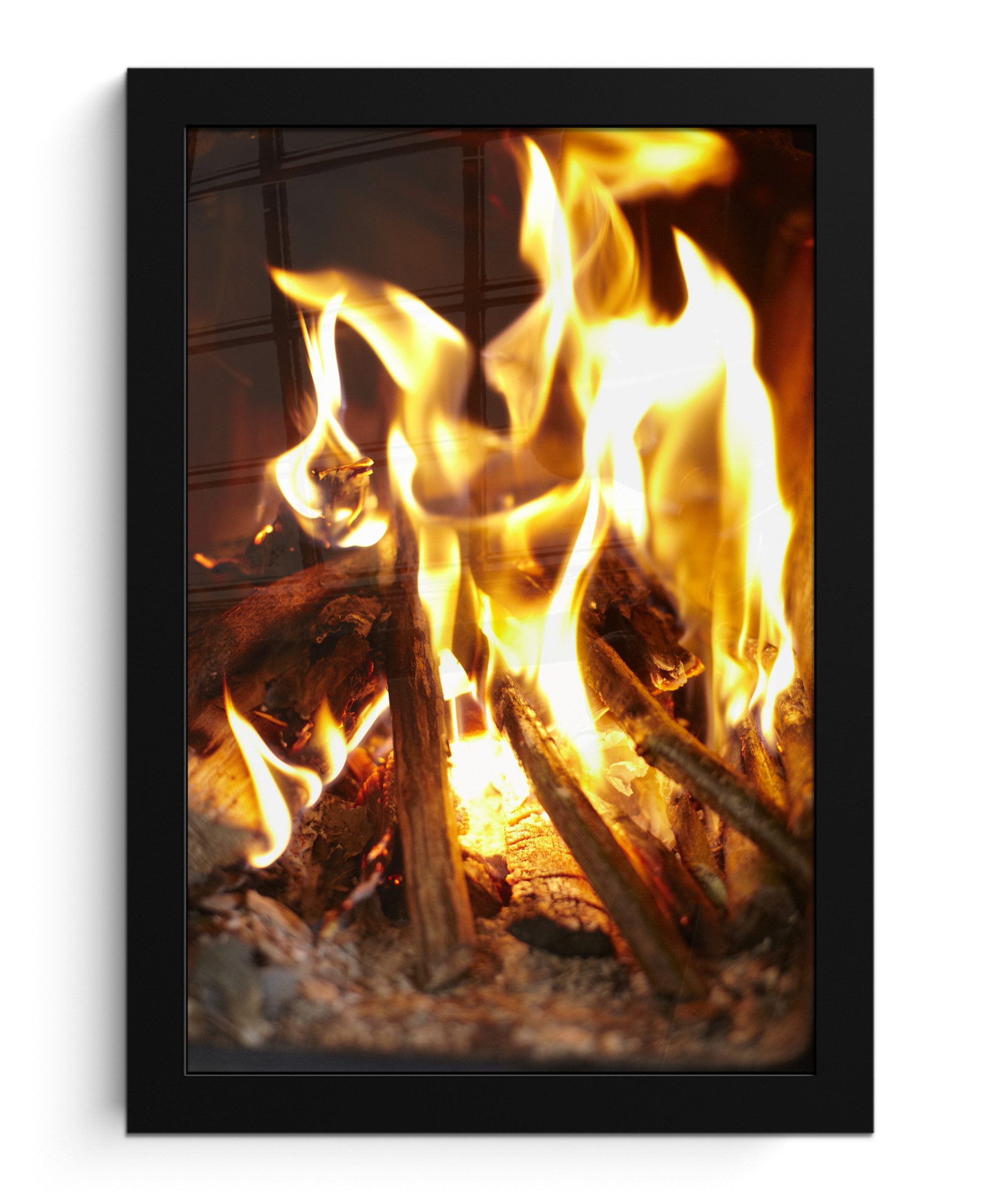 MuchoWow Poster Ein Kamin mit Feuer, (1 St), Bilderrahmen, Zimmer Deko, Bild für Wohnzimmer, 20x30 cm